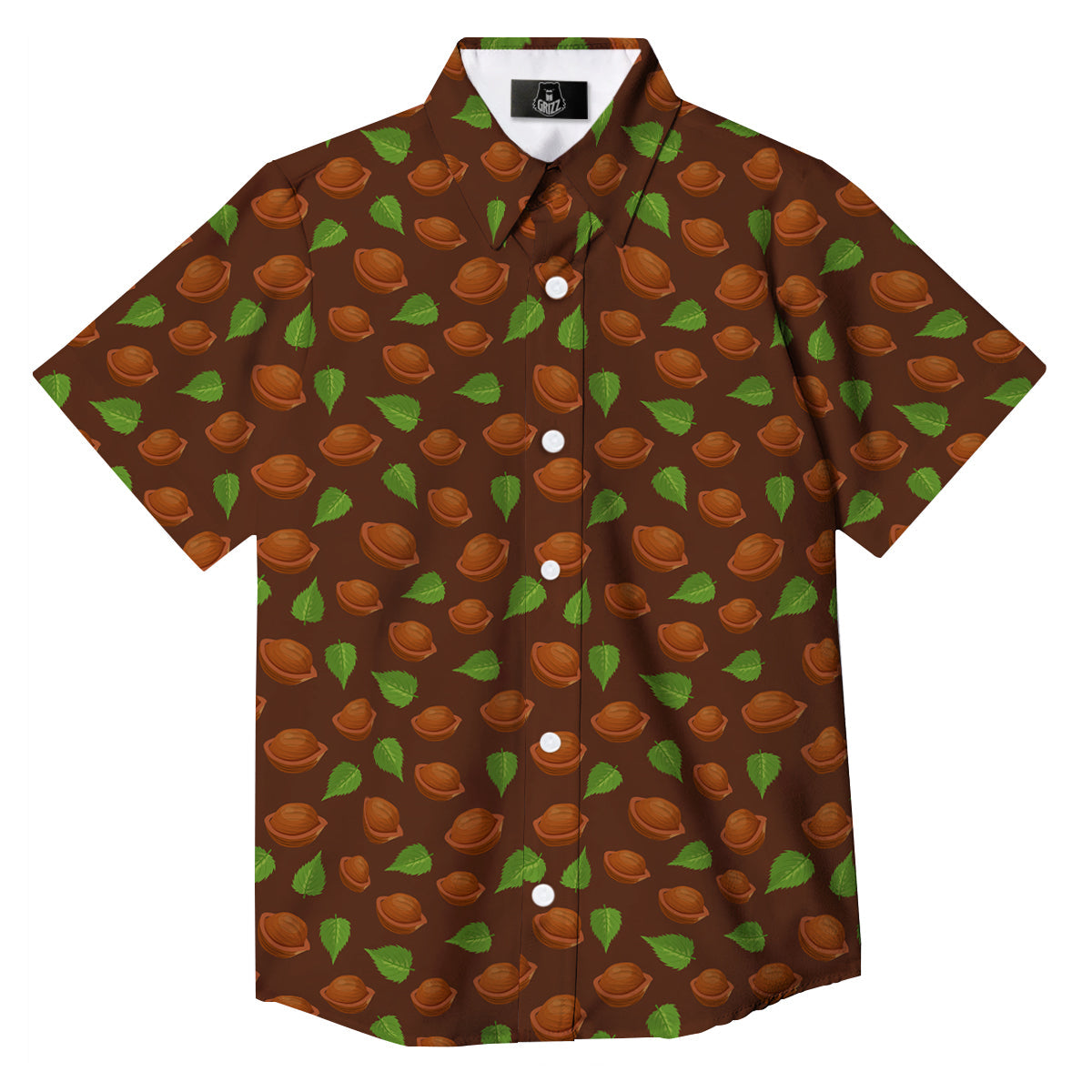 Brown Hazelnuts And Green Leaf Print Pattern Button Up Shirt-grizzshop