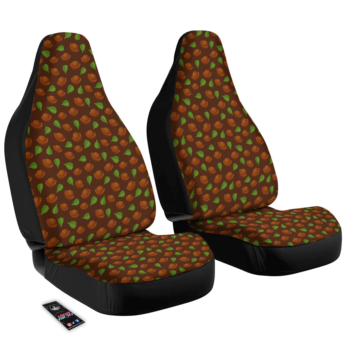 Brown Hazelnuts And Green Leaf Print Pattern Car Seat Covers-grizzshop