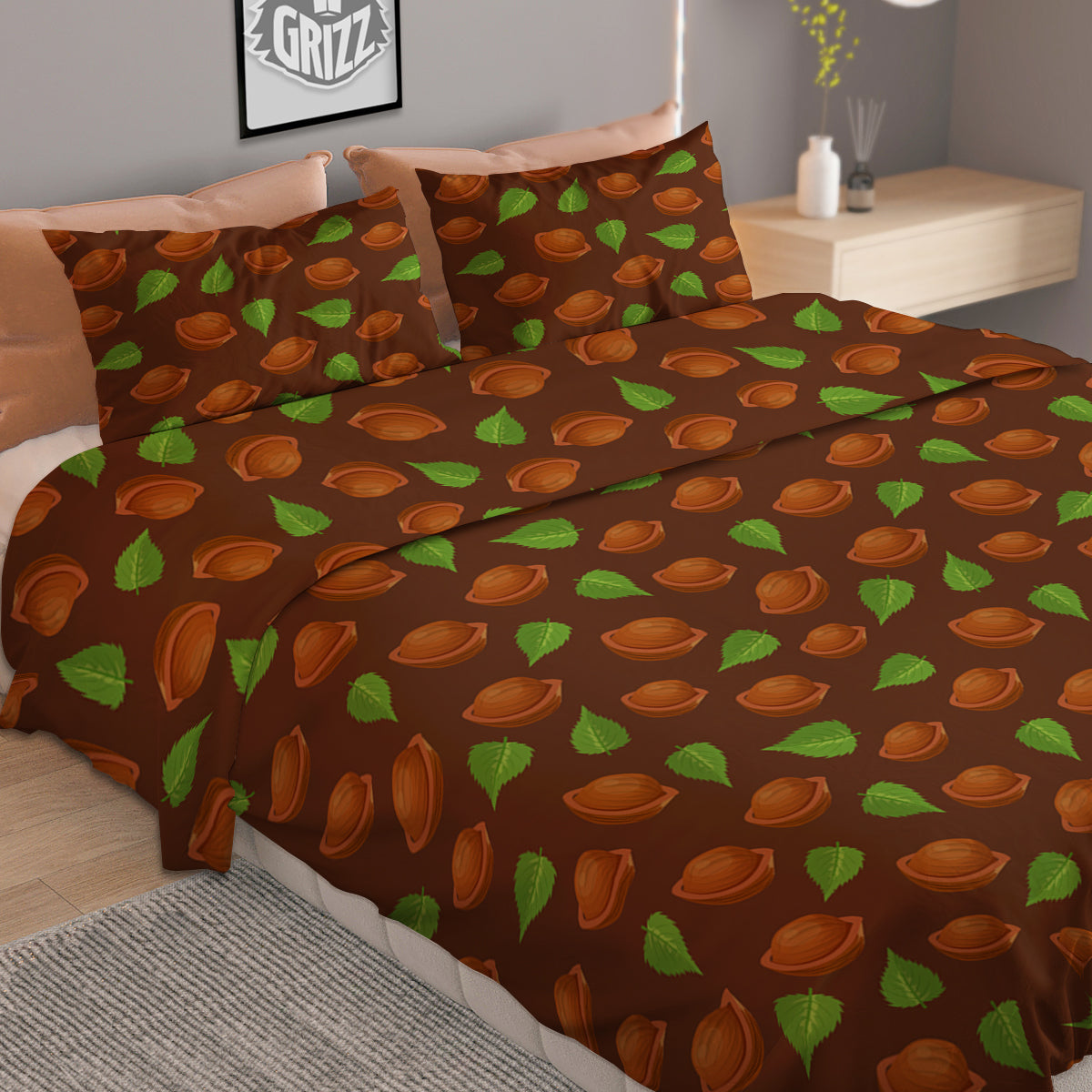 Brown Hazelnuts And Green Leaf Print Pattern Duvet Cover Bedding Set