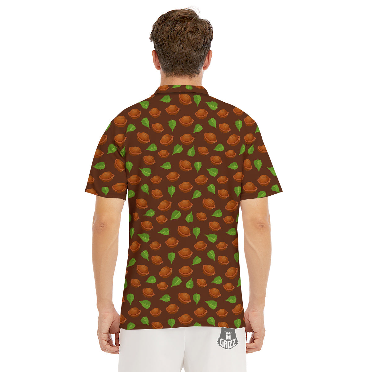 Brown Hazelnuts And Green Leaf Print Pattern Men's Golf Shirts-grizzshop