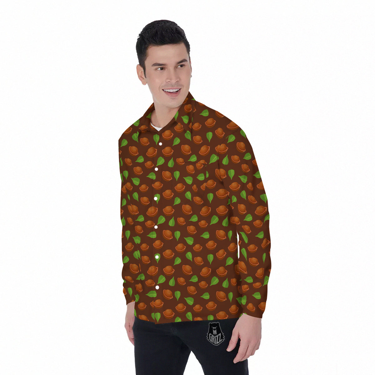 Brown Hazelnuts And Green Leaf Print Pattern Men's Long Sleeve Shirts-grizzshop