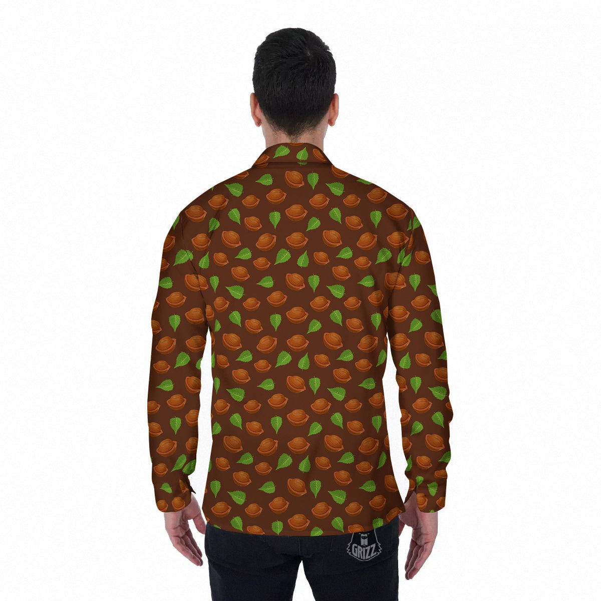Brown Hazelnuts And Green Leaf Print Pattern Men's Long Sleeve Shirts-grizzshop