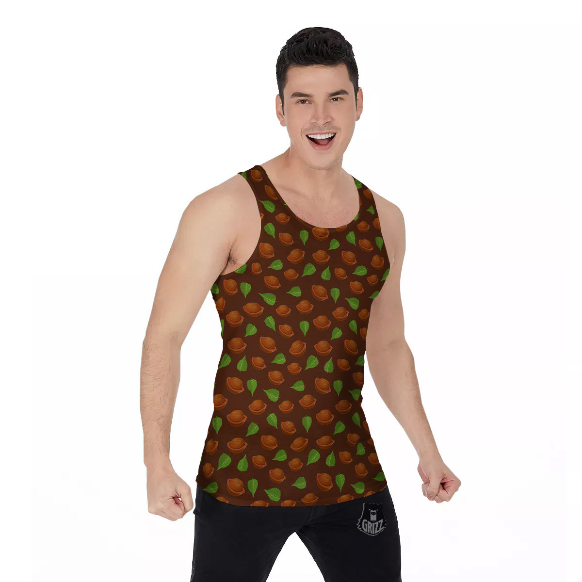 Brown Hazelnuts And Green Leaf Print Pattern Men's Tank Top-grizzshop