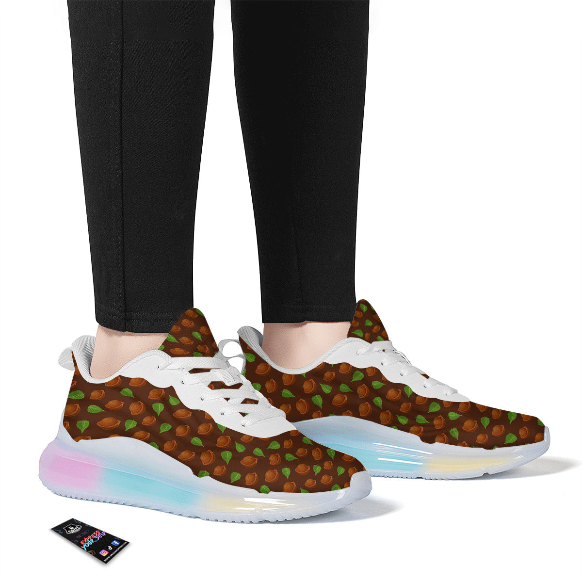Brown Hazelnuts And Green Leaf Print Pattern Running Sneakers-grizzshop