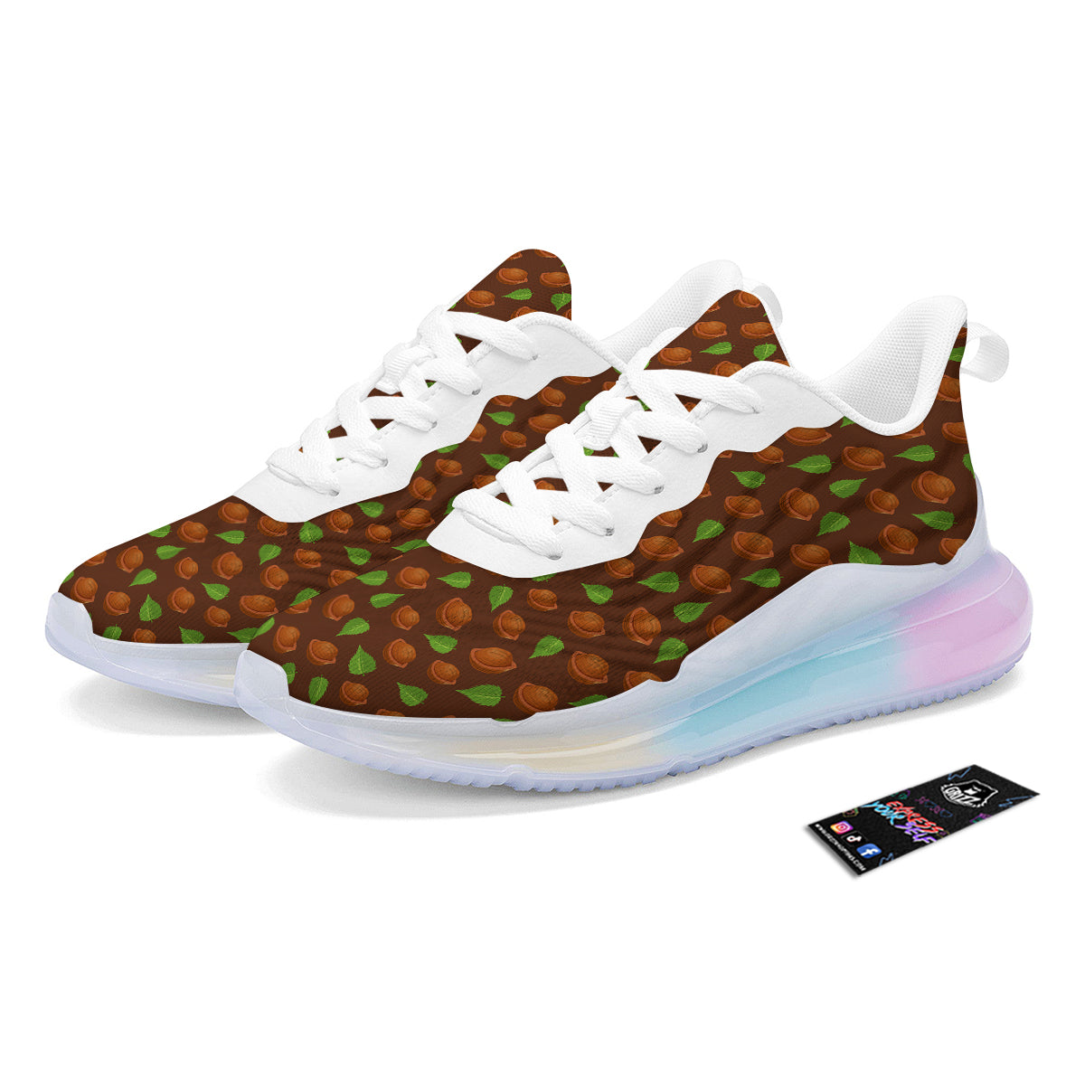 Brown Hazelnuts And Green Leaf Print Pattern Running Sneakers-grizzshop