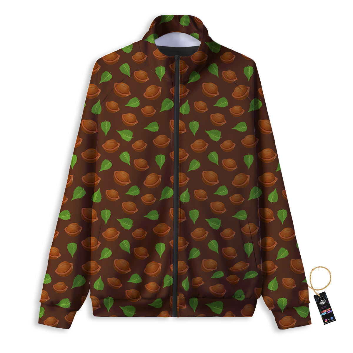 Brown Hazelnuts And Green Leaf Print Pattern Track Jacket-grizzshop