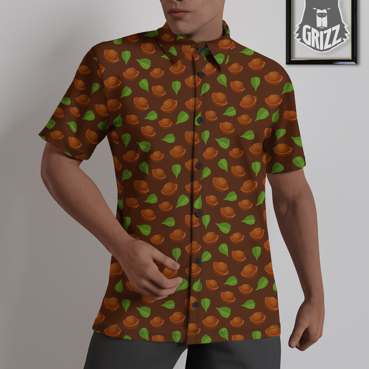 Brown Hazelnuts And Green Leaf Print Pattern Untucked Shirts-grizzshop