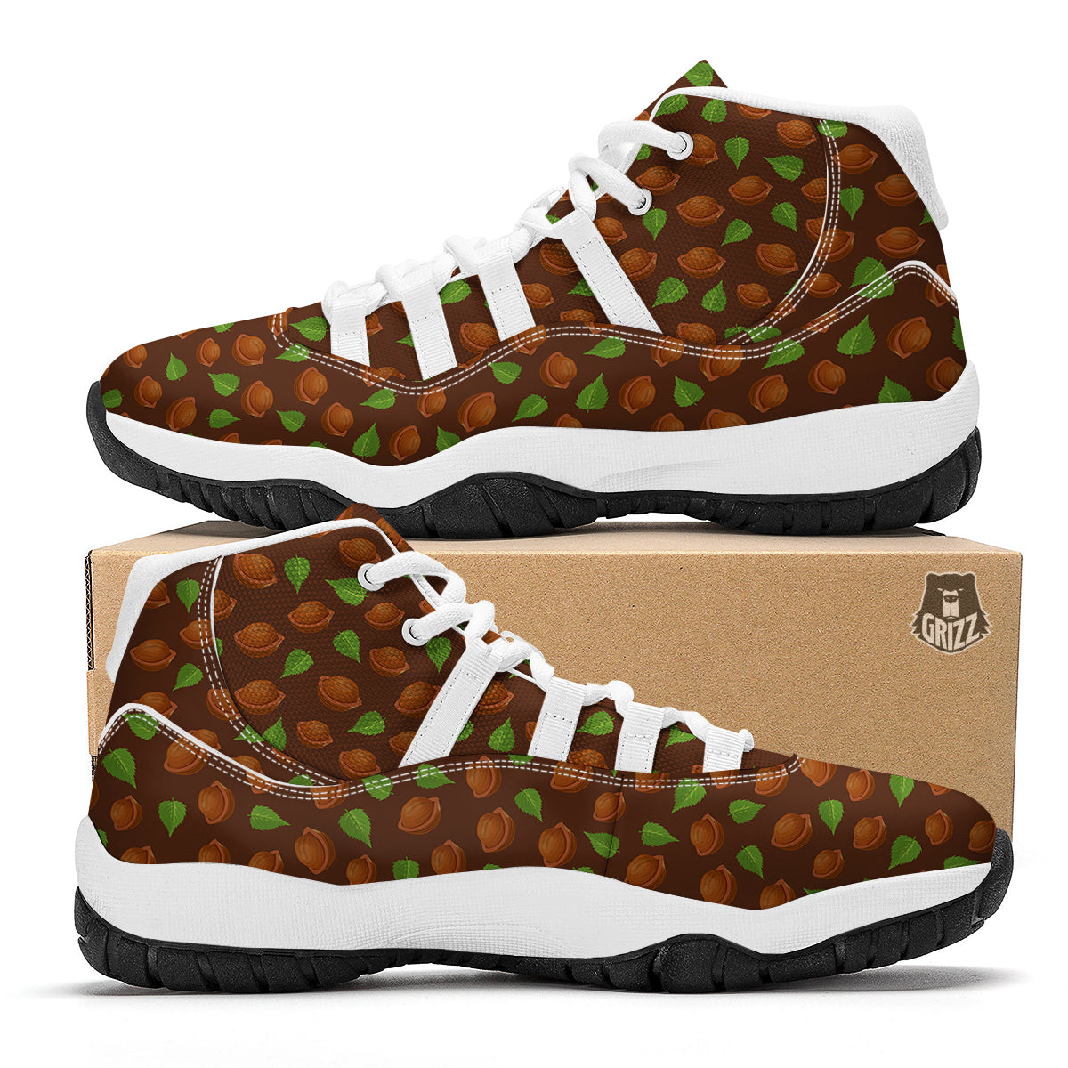 Brown Hazelnuts And Green Leaf Print Pattern White Bball Shoes-grizzshop
