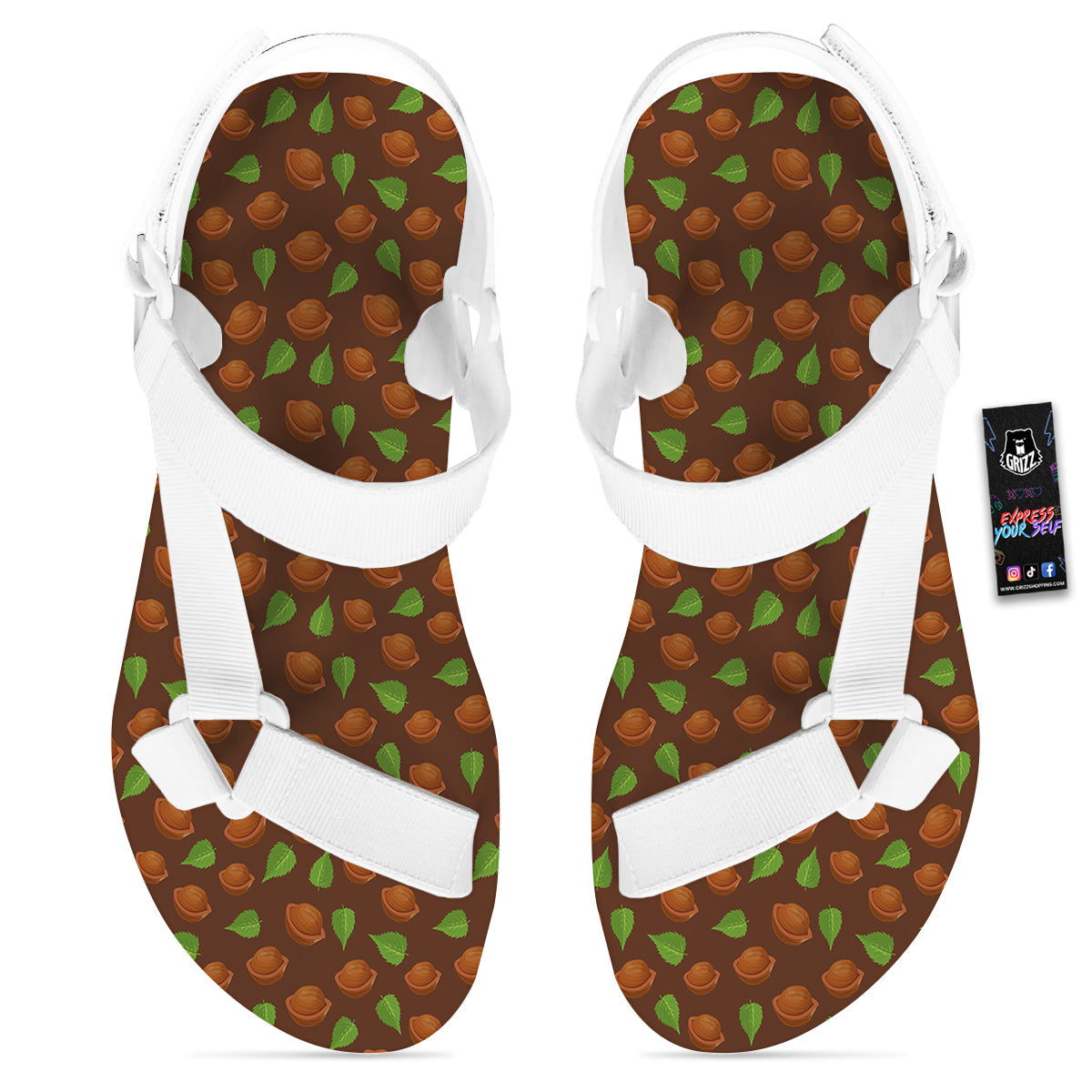 Brown Hazelnuts And Green Leaf Print Pattern White Open Toe Sandals-grizzshop