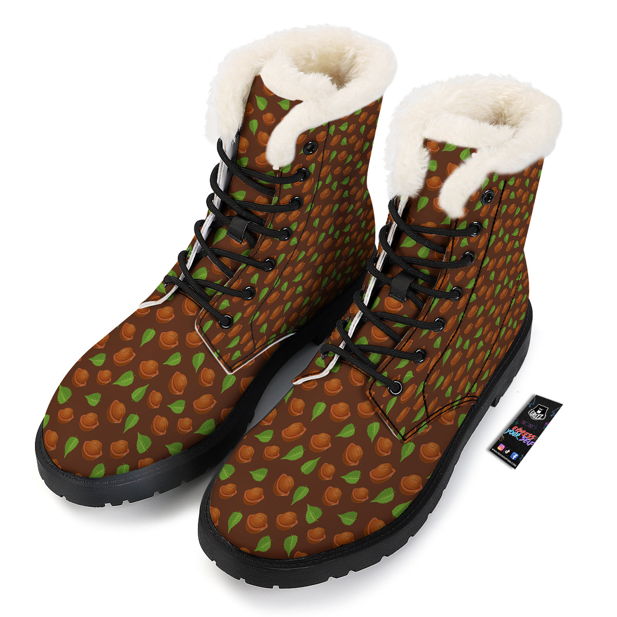 Brown Hazelnuts And Green Leaf Print Pattern Winter Boots-grizzshop