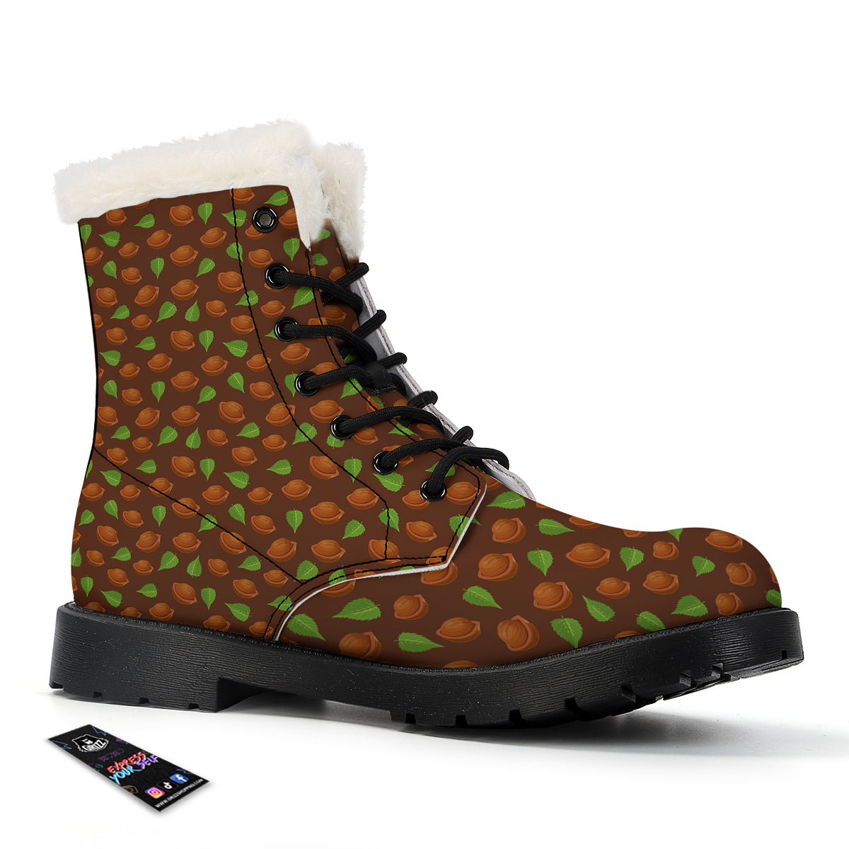 Brown Hazelnuts And Green Leaf Print Pattern Winter Boots-grizzshop