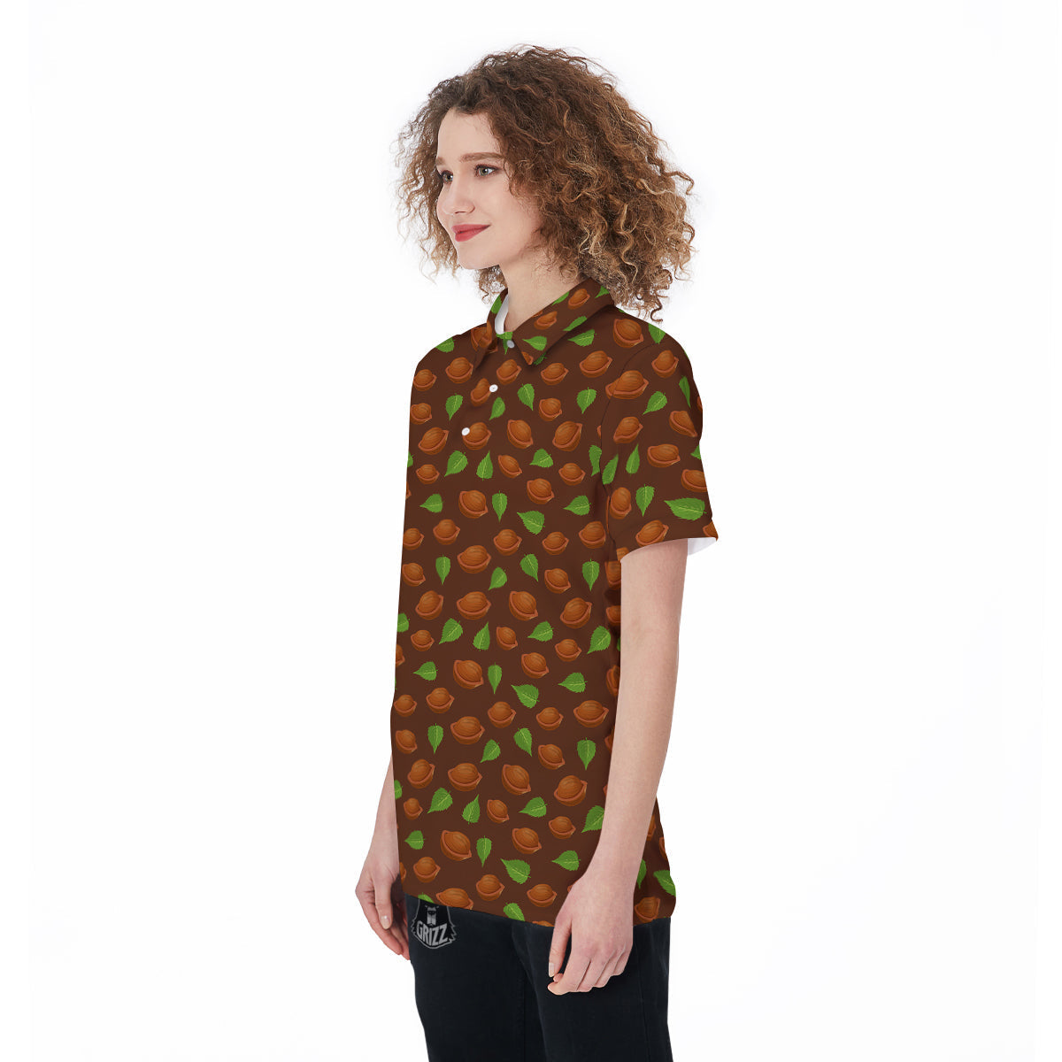Brown Hazelnuts And Green Leaf Print Pattern Women's Golf Shirts-grizzshop