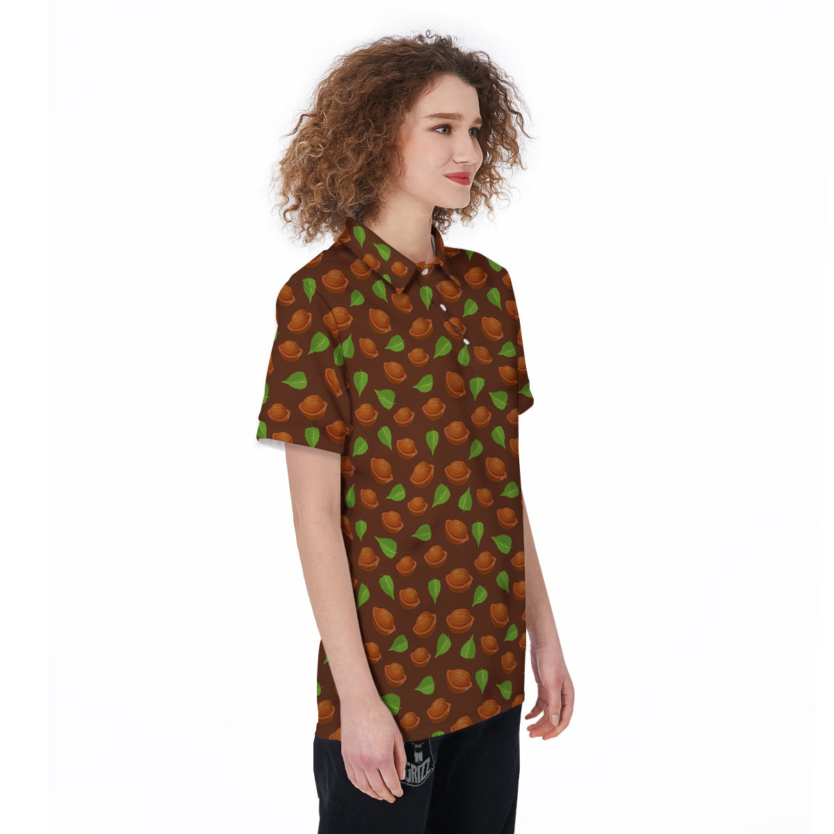 Brown Hazelnuts And Green Leaf Print Pattern Women's Golf Shirts-grizzshop