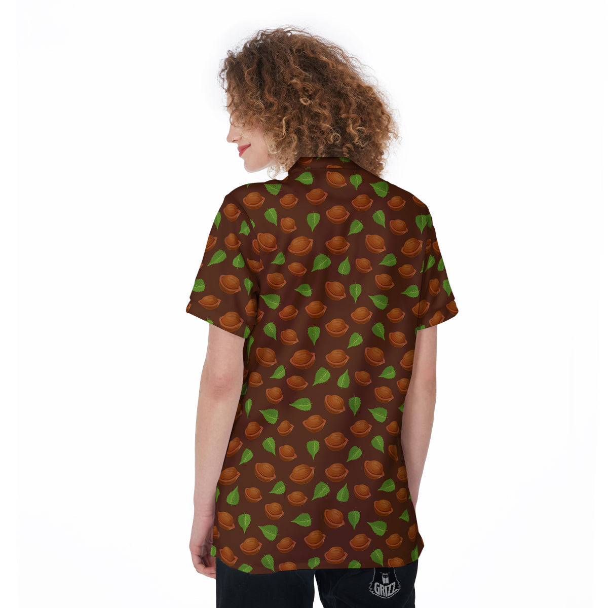Brown Hazelnuts And Green Leaf Print Pattern Women's Golf Shirts-grizzshop