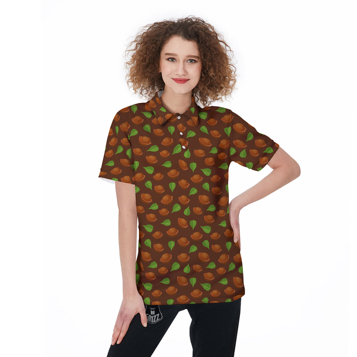 Brown Hazelnuts And Green Leaf Print Pattern Women's Golf Shirts-grizzshop