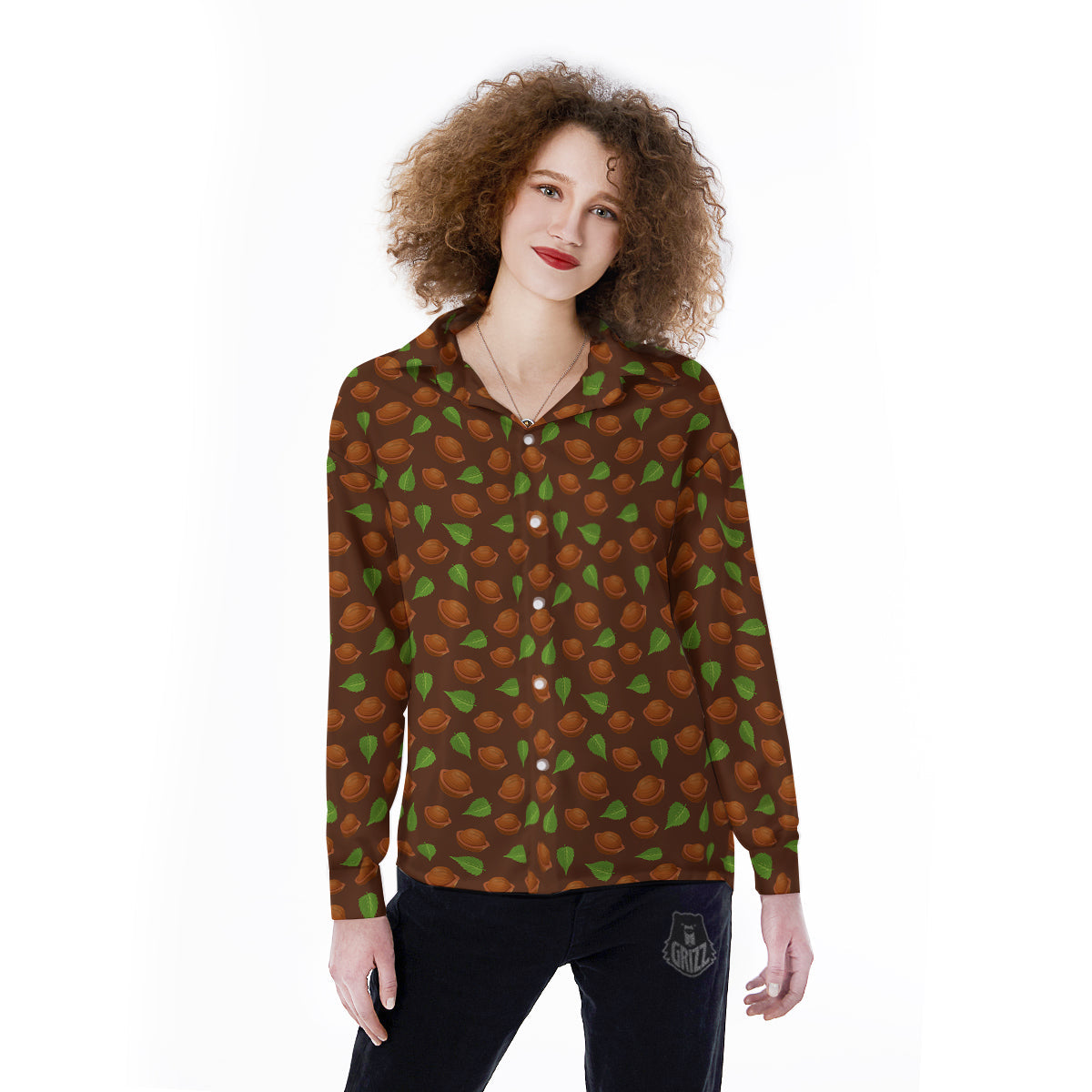 Brown Hazelnuts And Green Leaf Print Pattern Women's Long Sleeve Shirts-grizzshop