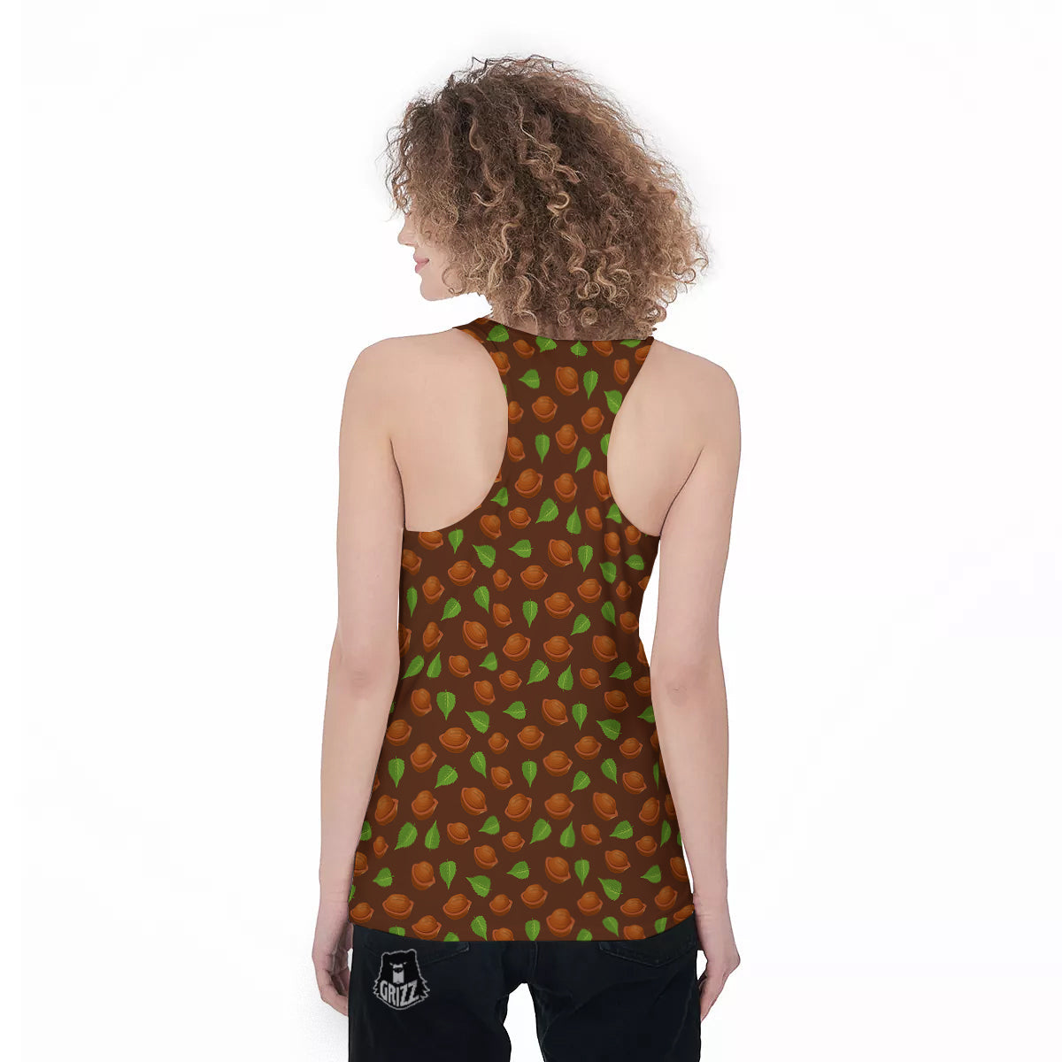 Brown Hazelnuts And Green Leaf Print Pattern Women's Racerback Tank Top-grizzshop