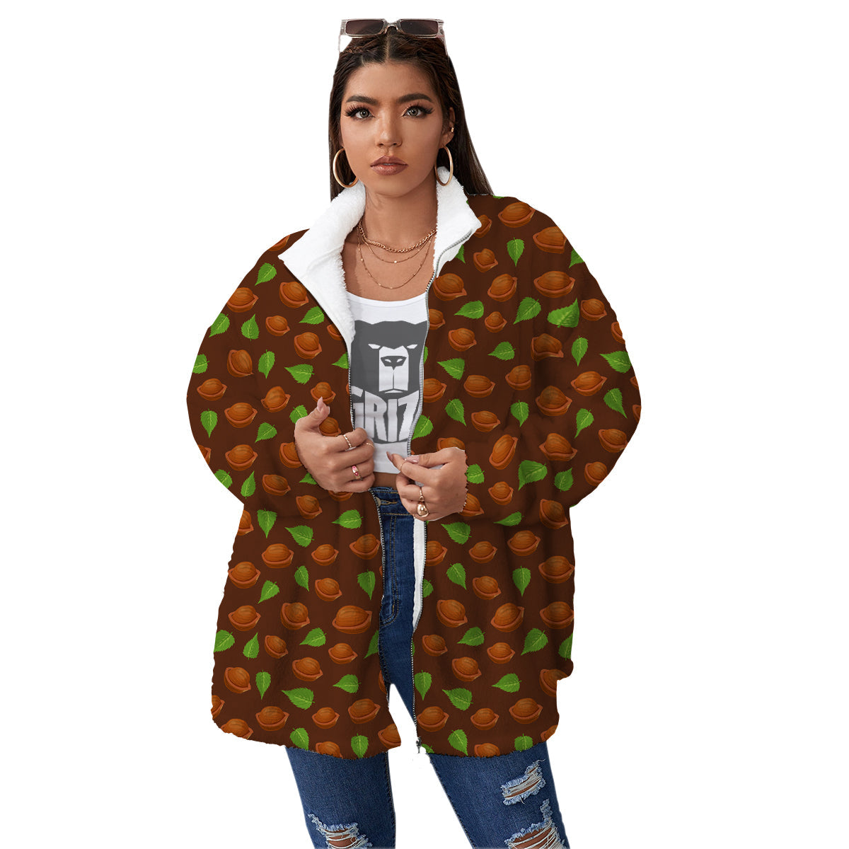 Brown Hazelnuts And Green Leaf Print Pattern Women's Sherpa Jacket-grizzshop