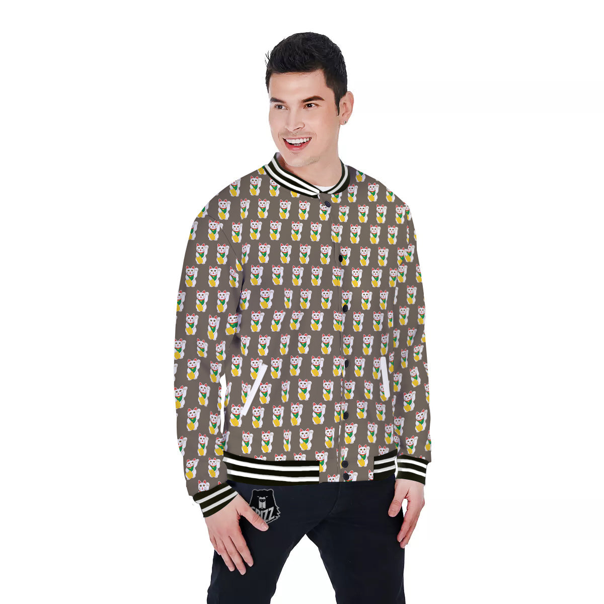 Brown Lucky Cat Print Pattern Baseball Jacket-grizzshop