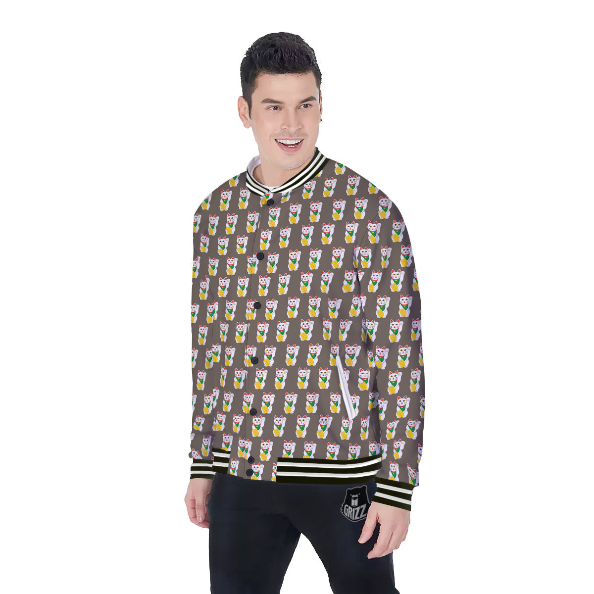 Brown Lucky Cat Print Pattern Baseball Jacket-grizzshop