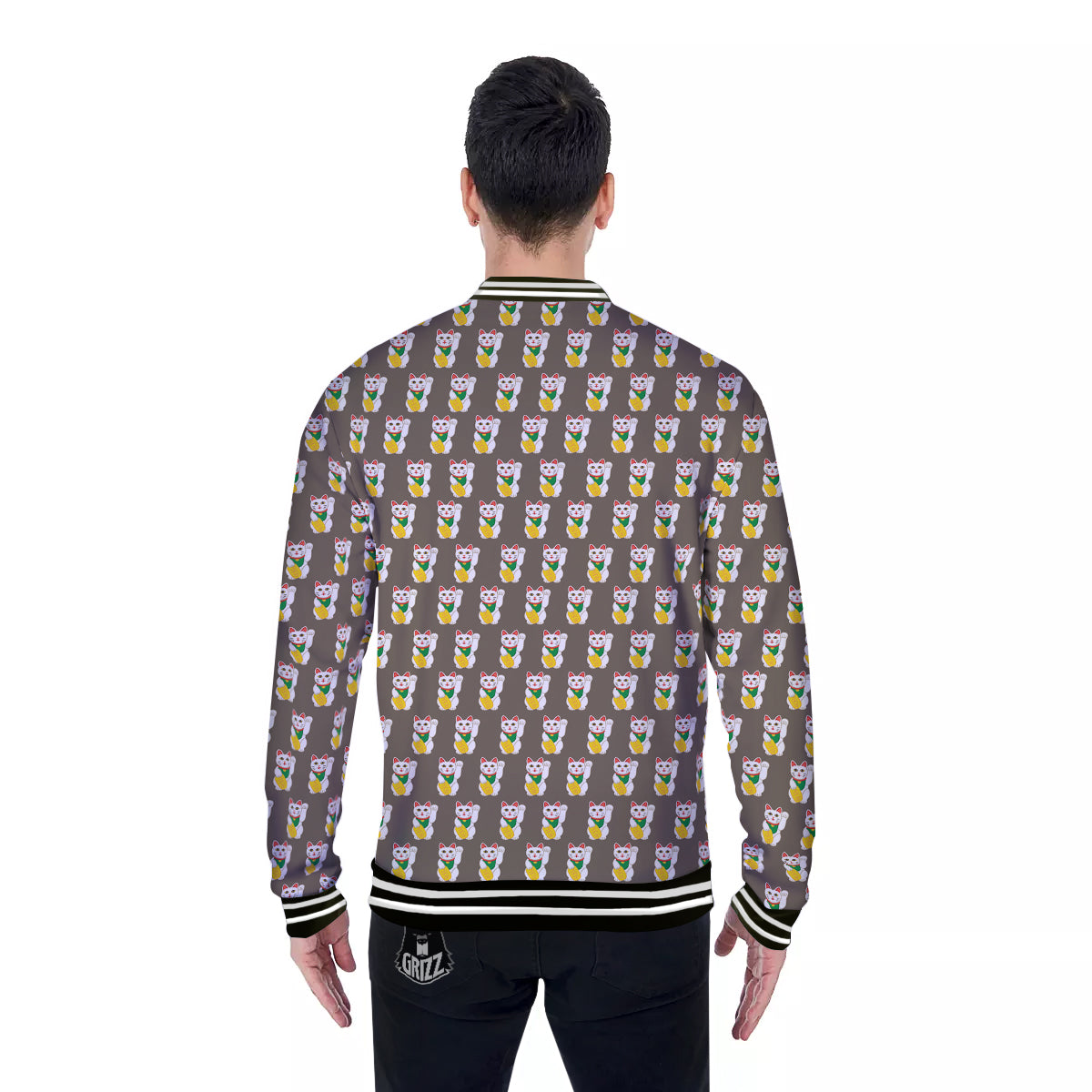 Brown Lucky Cat Print Pattern Baseball Jacket-grizzshop