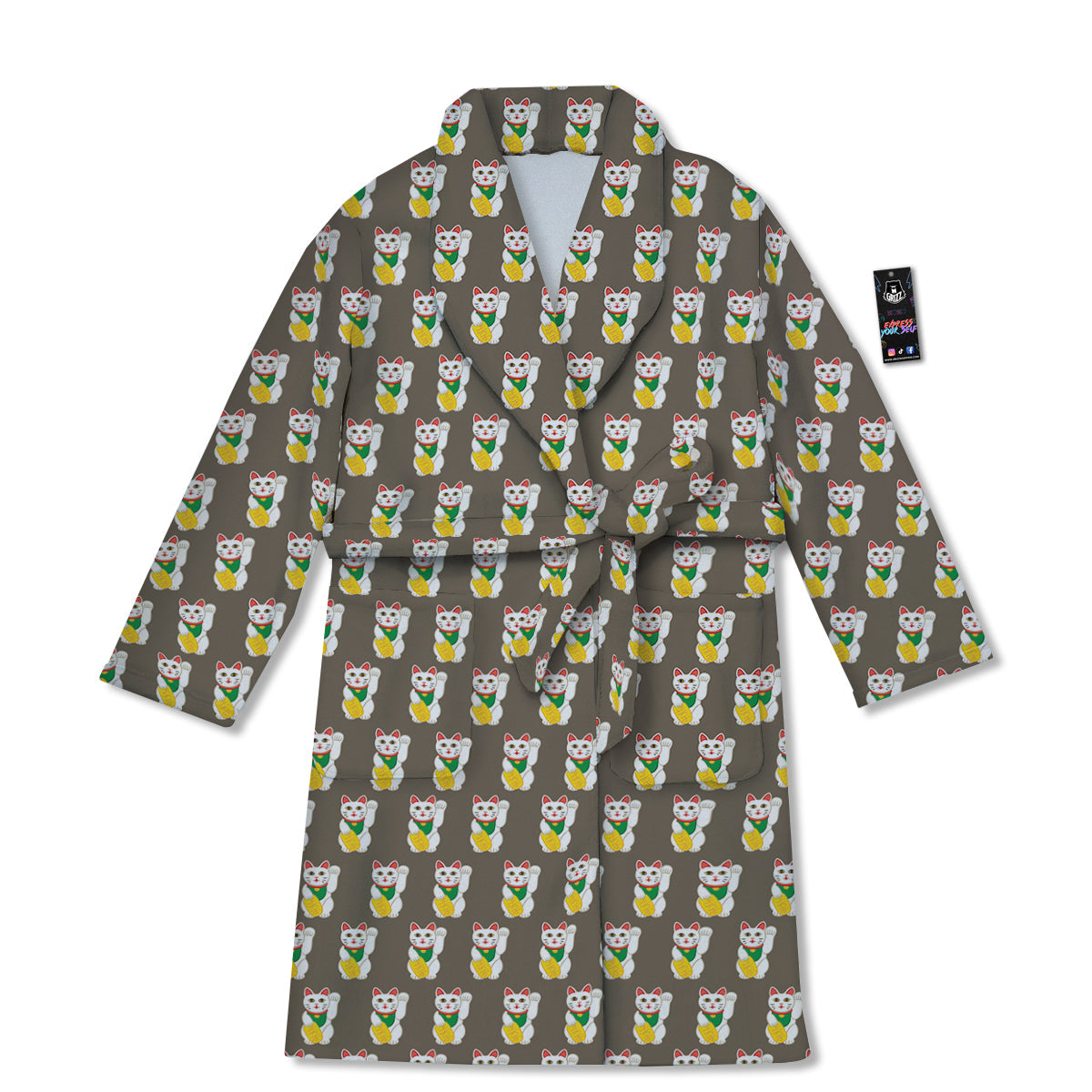 Brown Lucky Cat Print Pattern Bathrobe-grizzshop