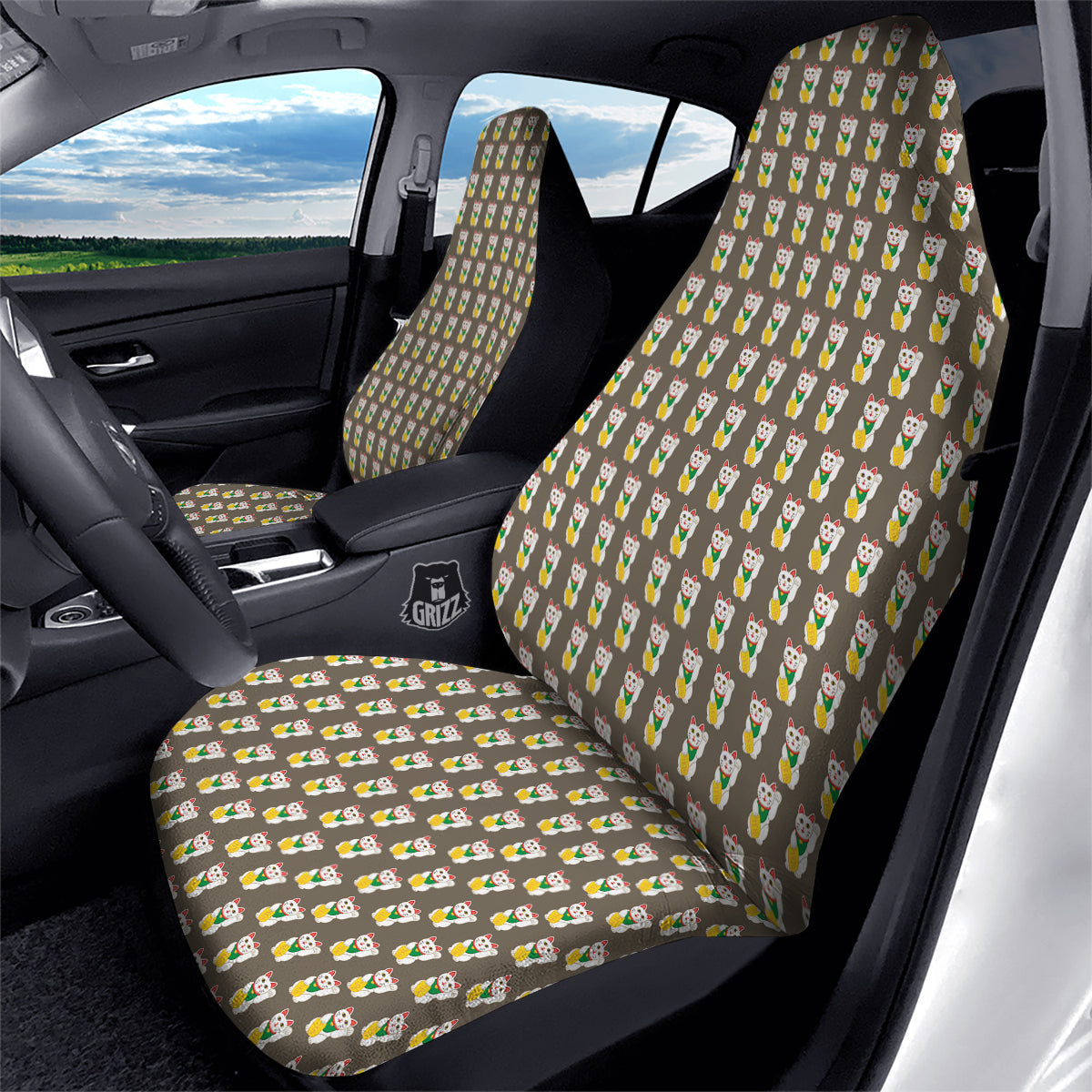 Brown Lucky Cat Print Pattern Car Seat Covers-grizzshop