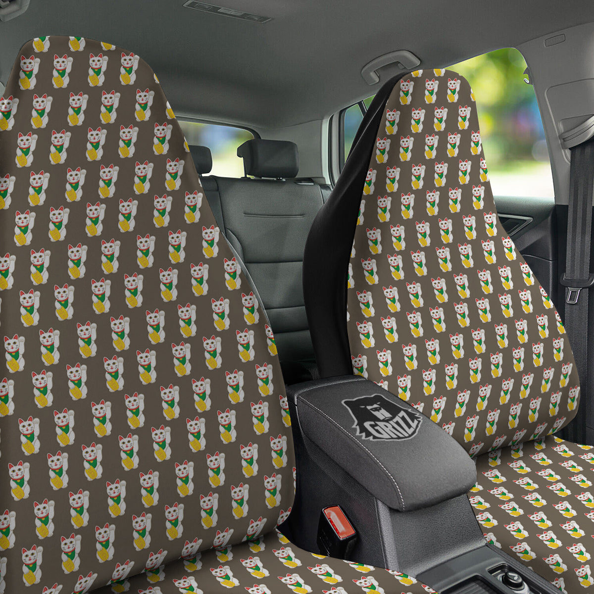 Brown Lucky Cat Print Pattern Car Seat Covers-grizzshop