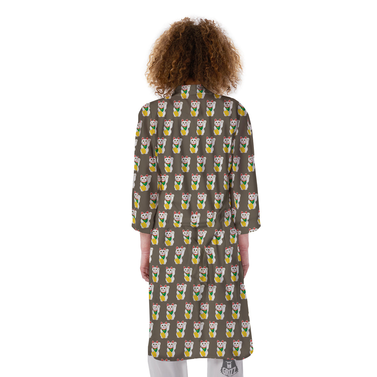 Brown Lucky Cat Print Pattern Kimono-grizzshop