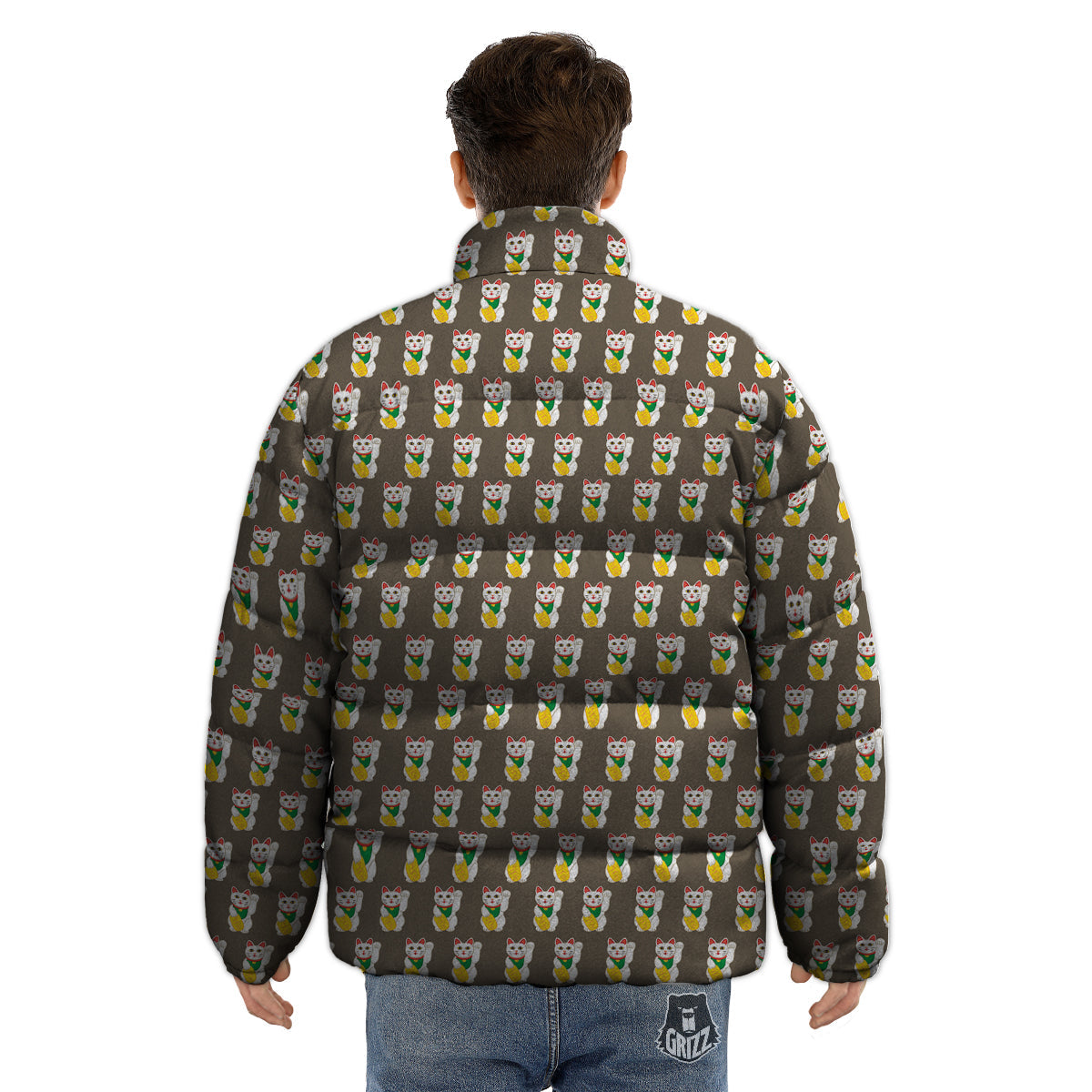 Brown Lucky Cat Print Pattern Puffer Jacket-grizzshop