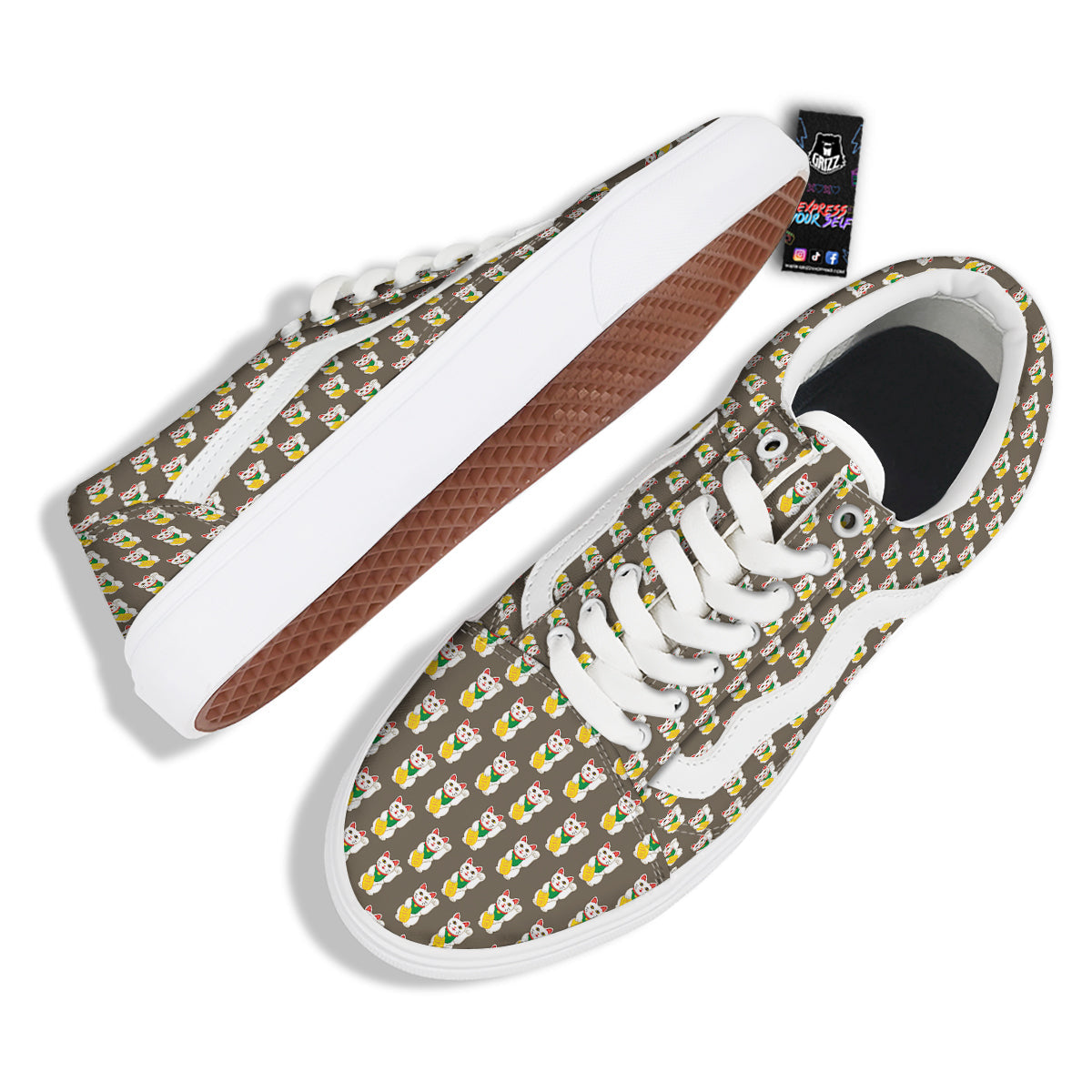 Brown Lucky Cat Print Pattern Skate Shoes-grizzshop