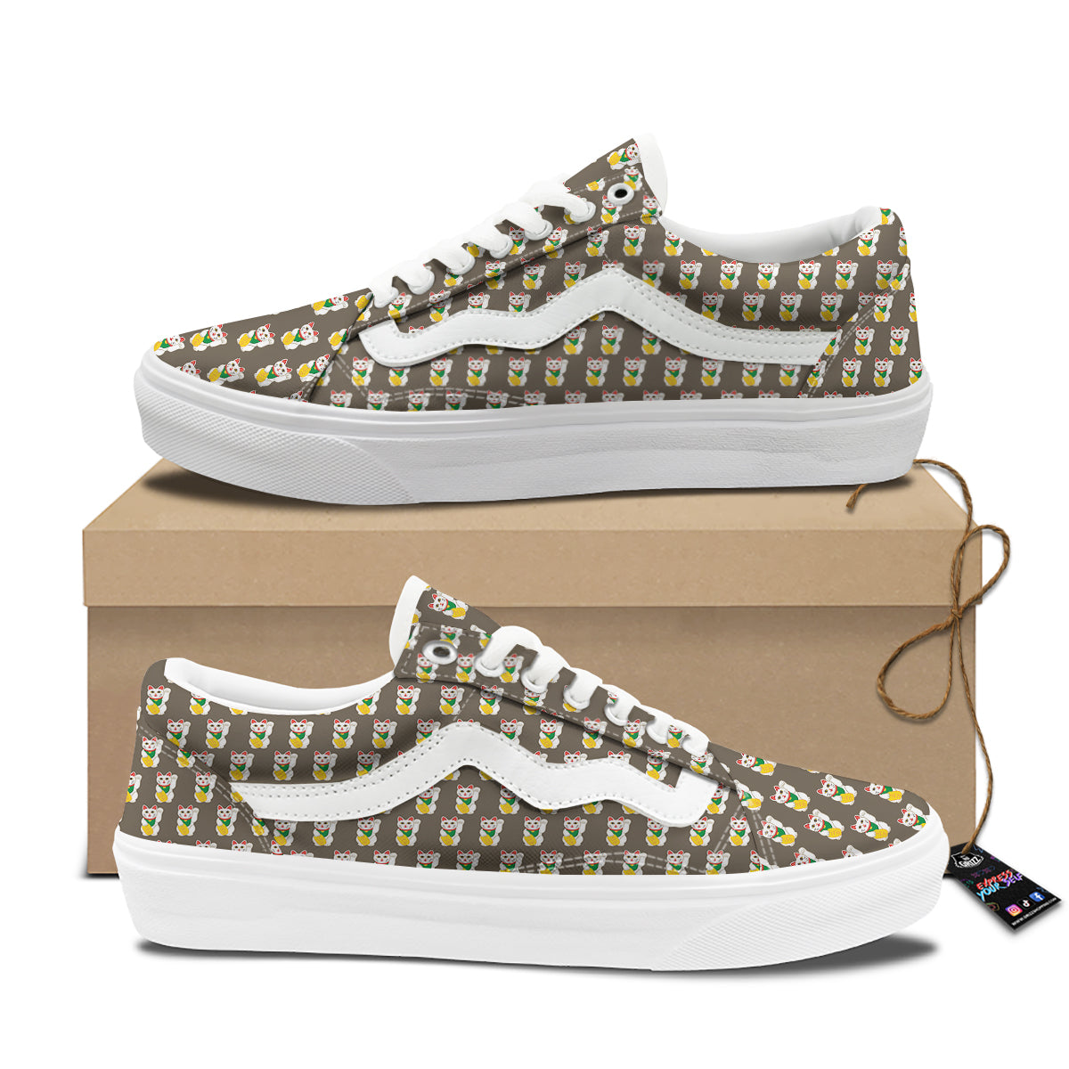Brown Lucky Cat Print Pattern Skate Shoes-grizzshop
