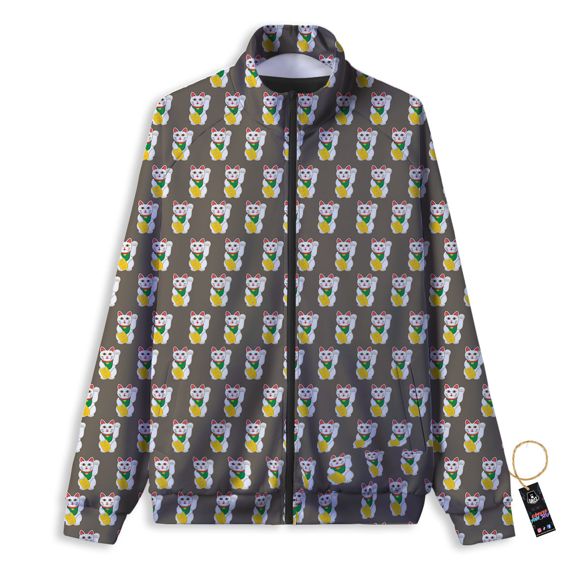 Brown Lucky Cat Print Pattern Track Jacket-grizzshop