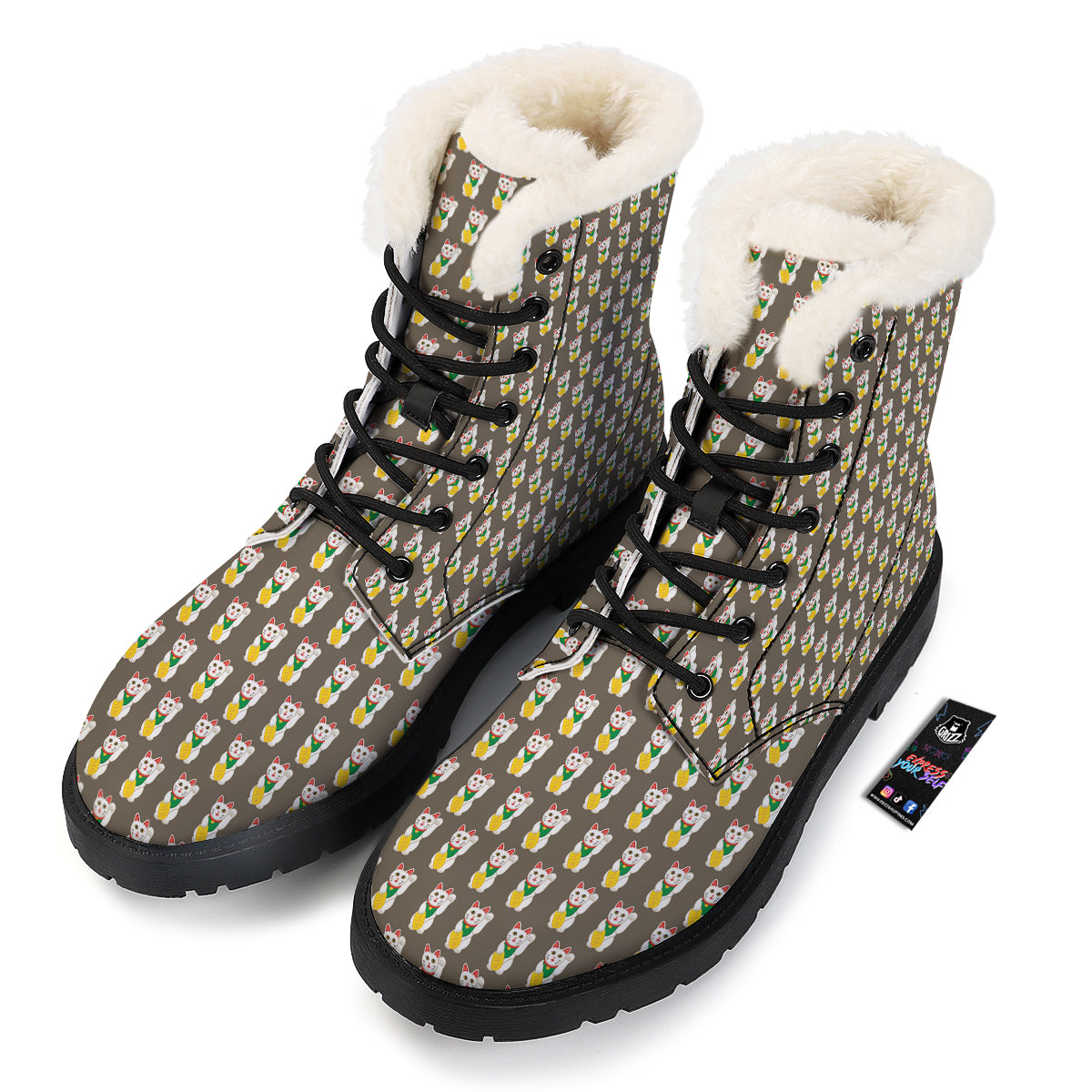 Brown Lucky Cat Print Pattern Winter Boots-grizzshop
