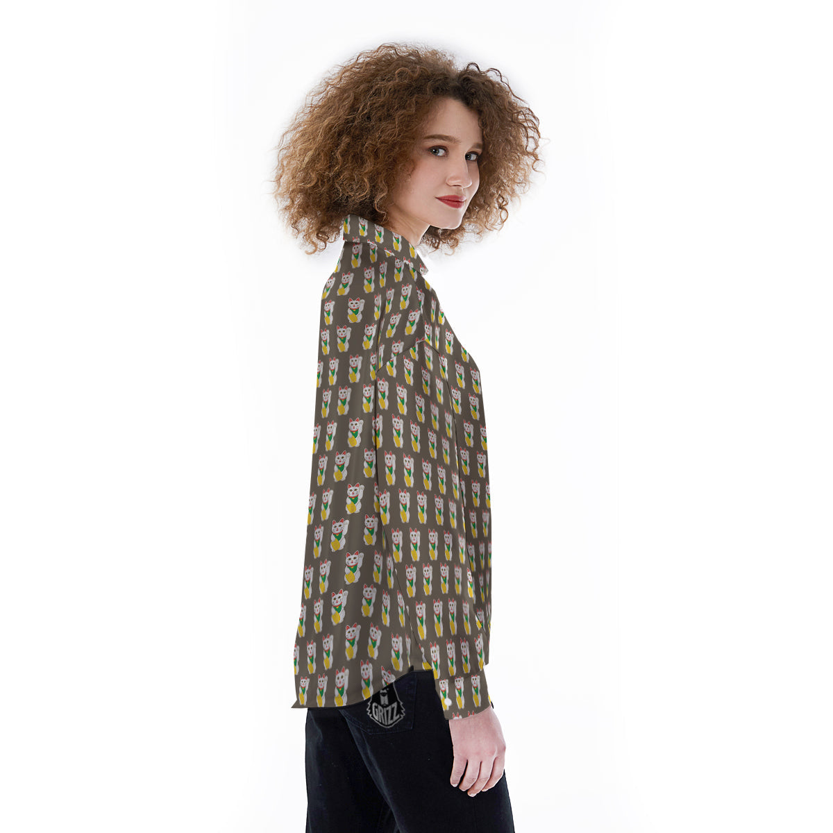 Brown Lucky Cat Print Pattern Women's Long Sleeve Shirts-grizzshop