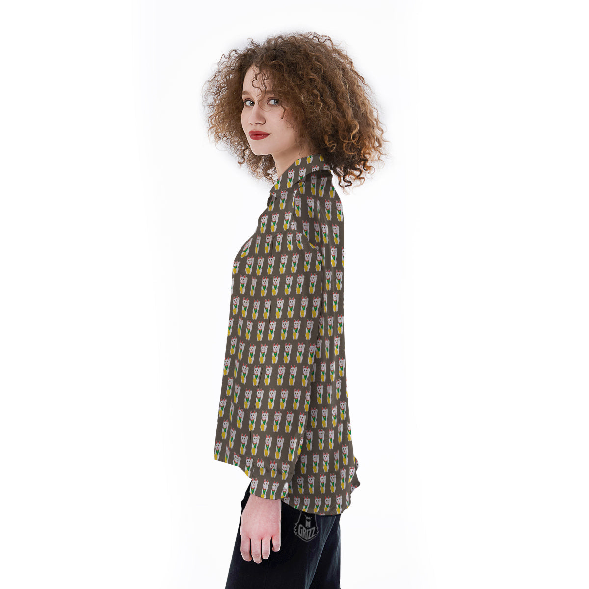 Brown Lucky Cat Print Pattern Women's Long Sleeve Shirts-grizzshop