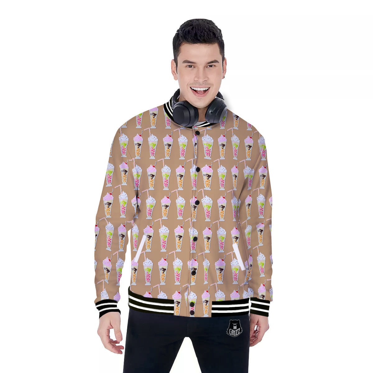 Brown Milkshake Print Pattern Baseball Jacket-grizzshop