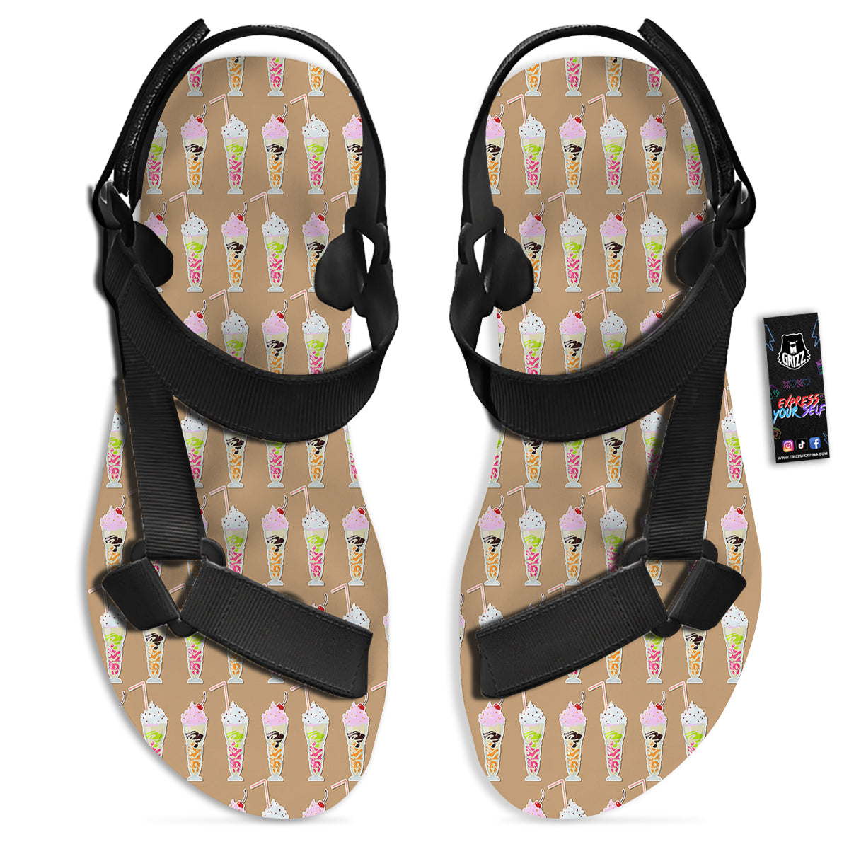Brown Milkshake Print Pattern Black Open Toe Sandals-grizzshop