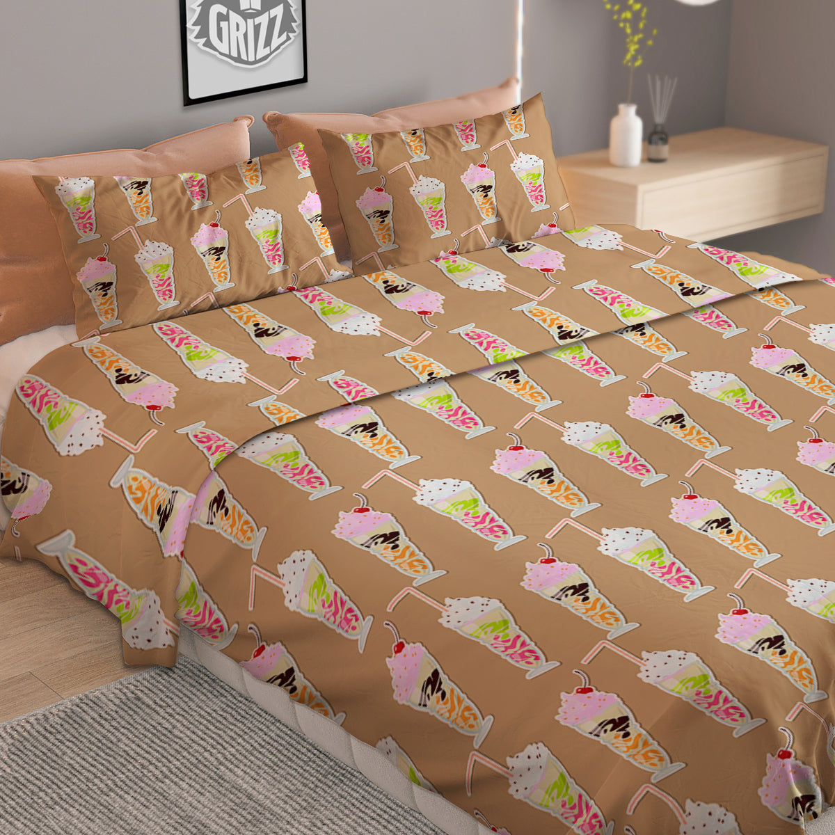 Brown Milkshake Print Pattern Duvet Cover Bedding Set-grizzshop