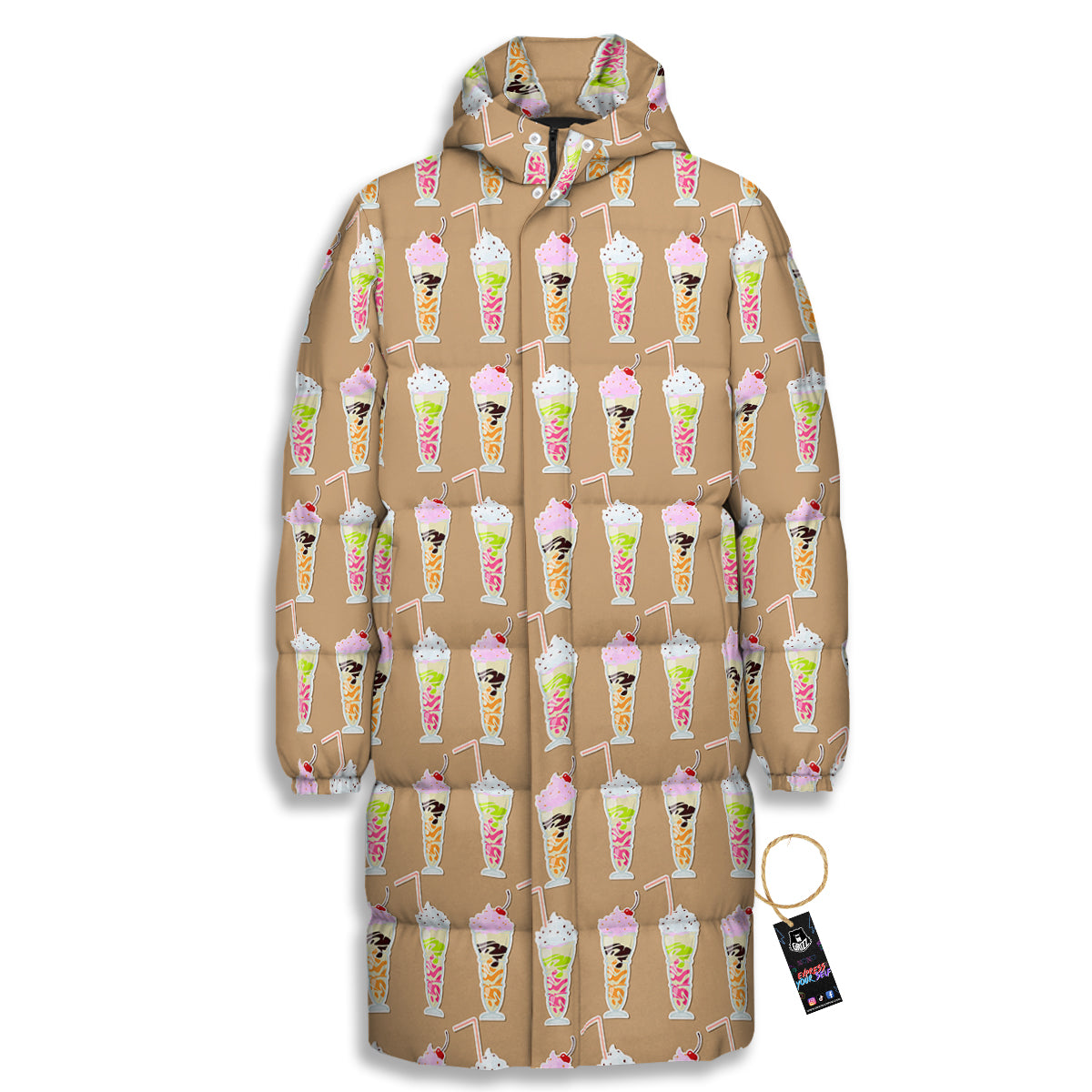 Brown Milkshake Print Pattern Long Down Jacket-grizzshop