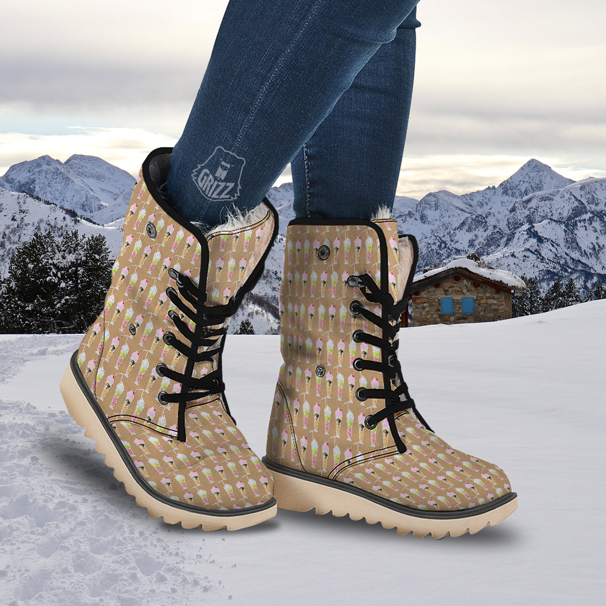 Brown Milkshake Print Pattern Snow Boots-grizzshop