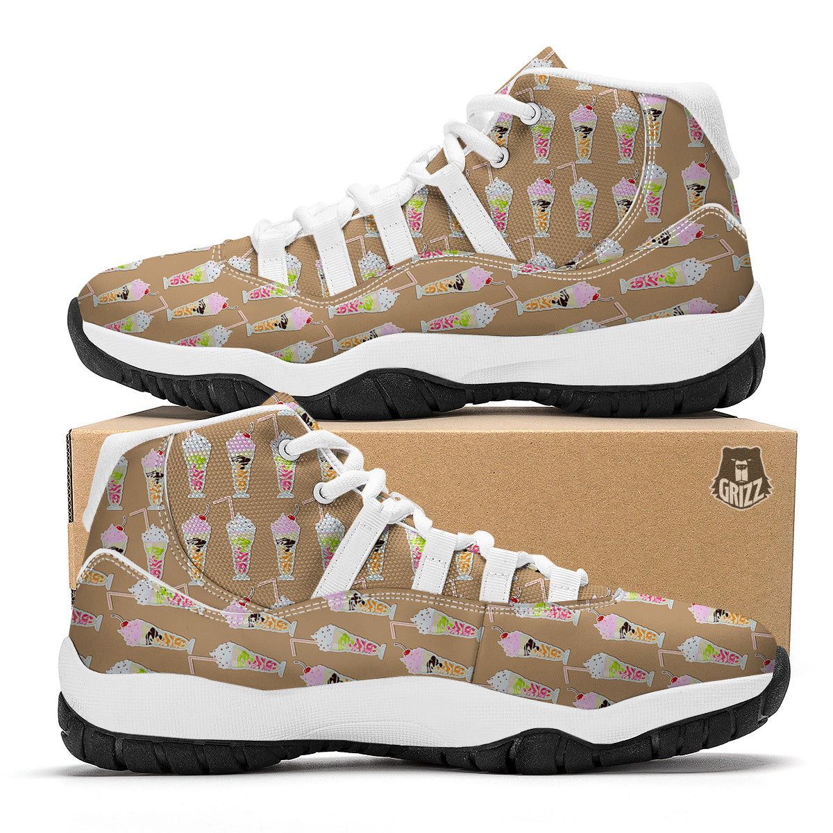 Brown Milkshake Print Pattern White Bball Shoes-grizzshop