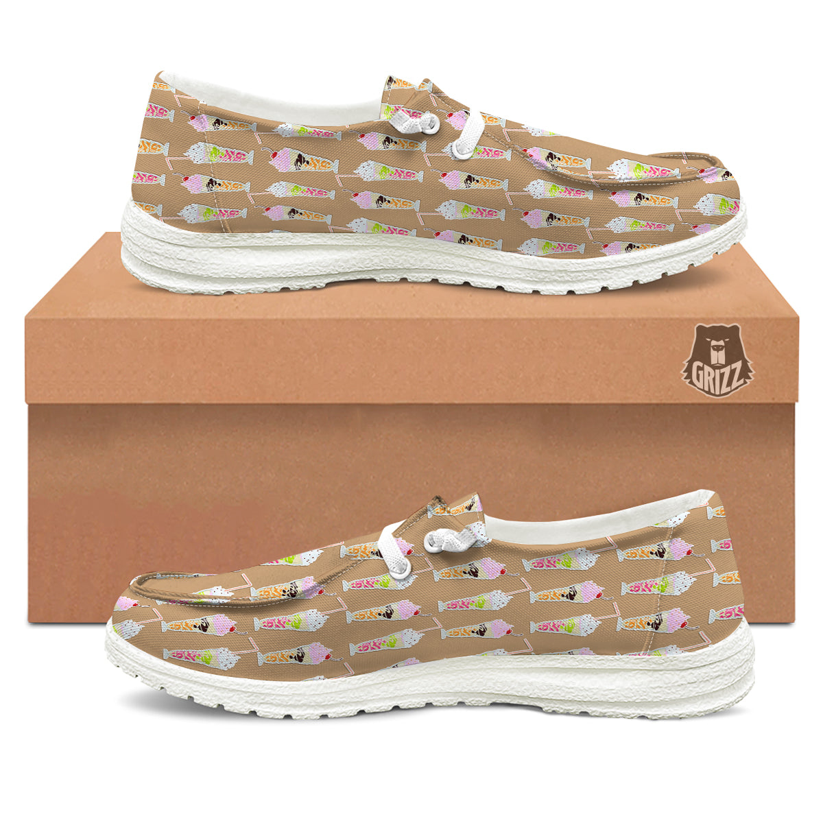 Brown Milkshake Print Pattern White Loafers-grizzshop
