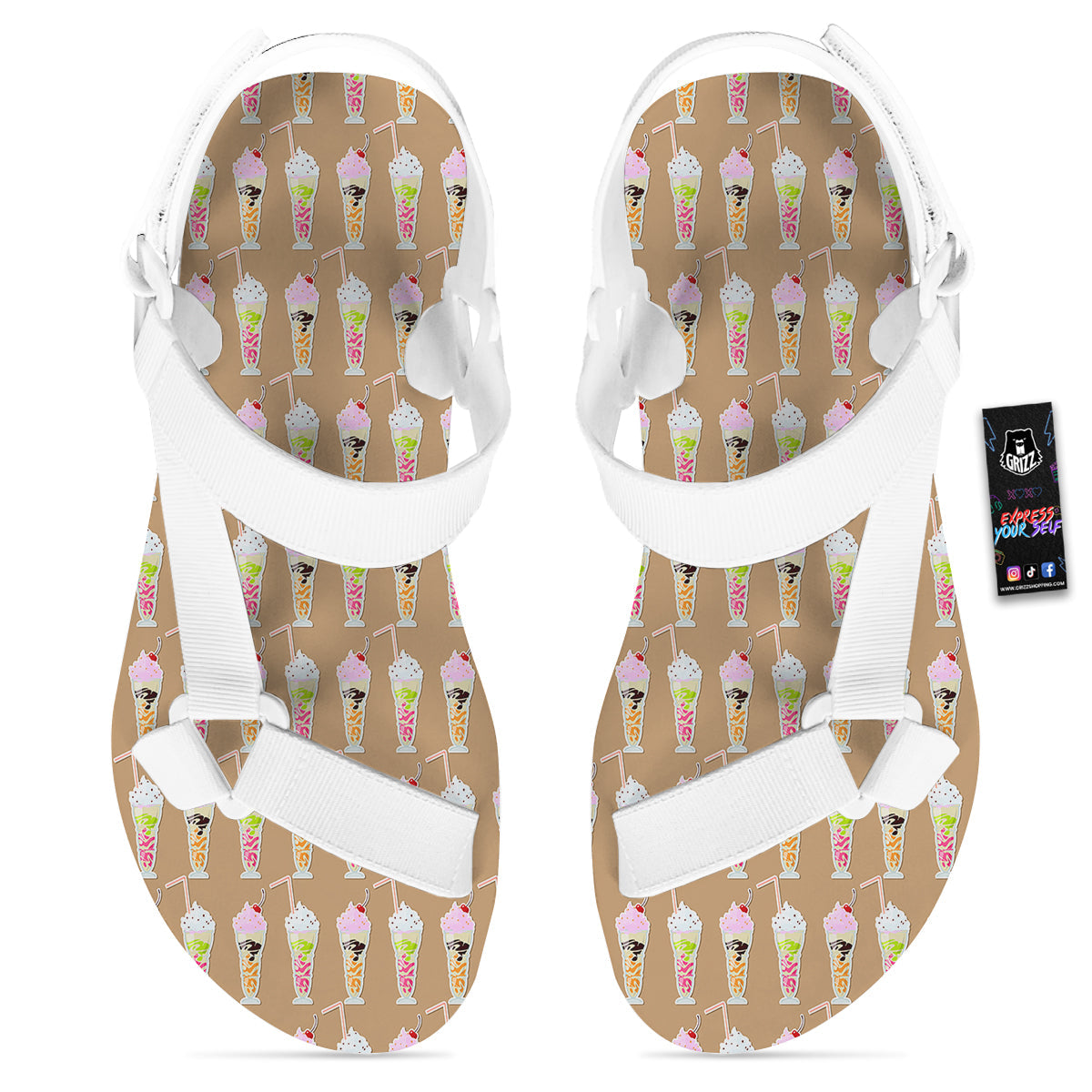 Brown Milkshake Print Pattern White Open Toe Sandals-grizzshop