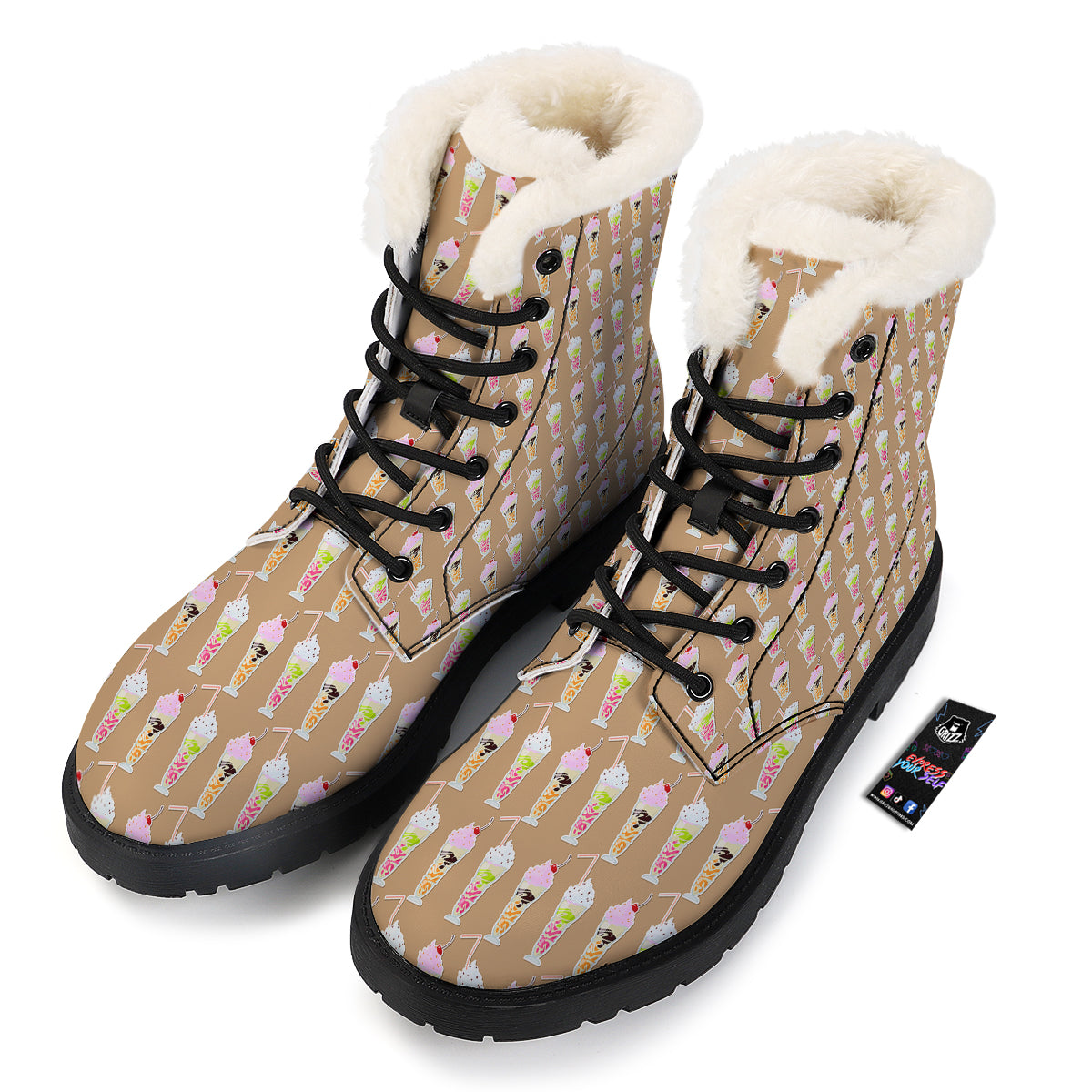 Brown Milkshake Print Pattern Winter Boots-grizzshop