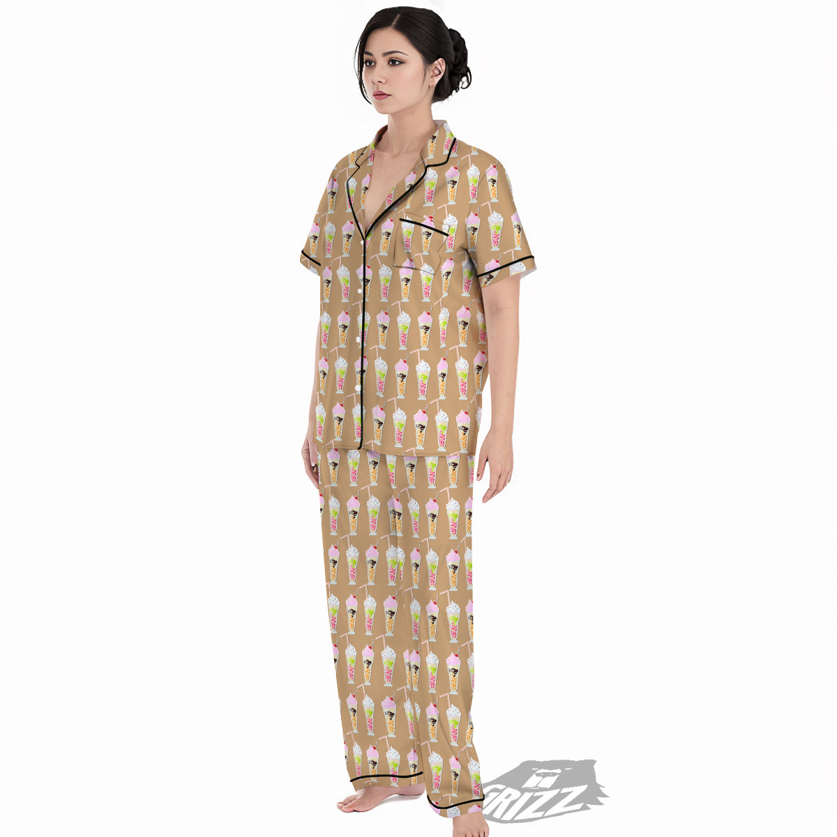 Brown Milkshake Print Pattern Women's Pajamas Set-grizzshop