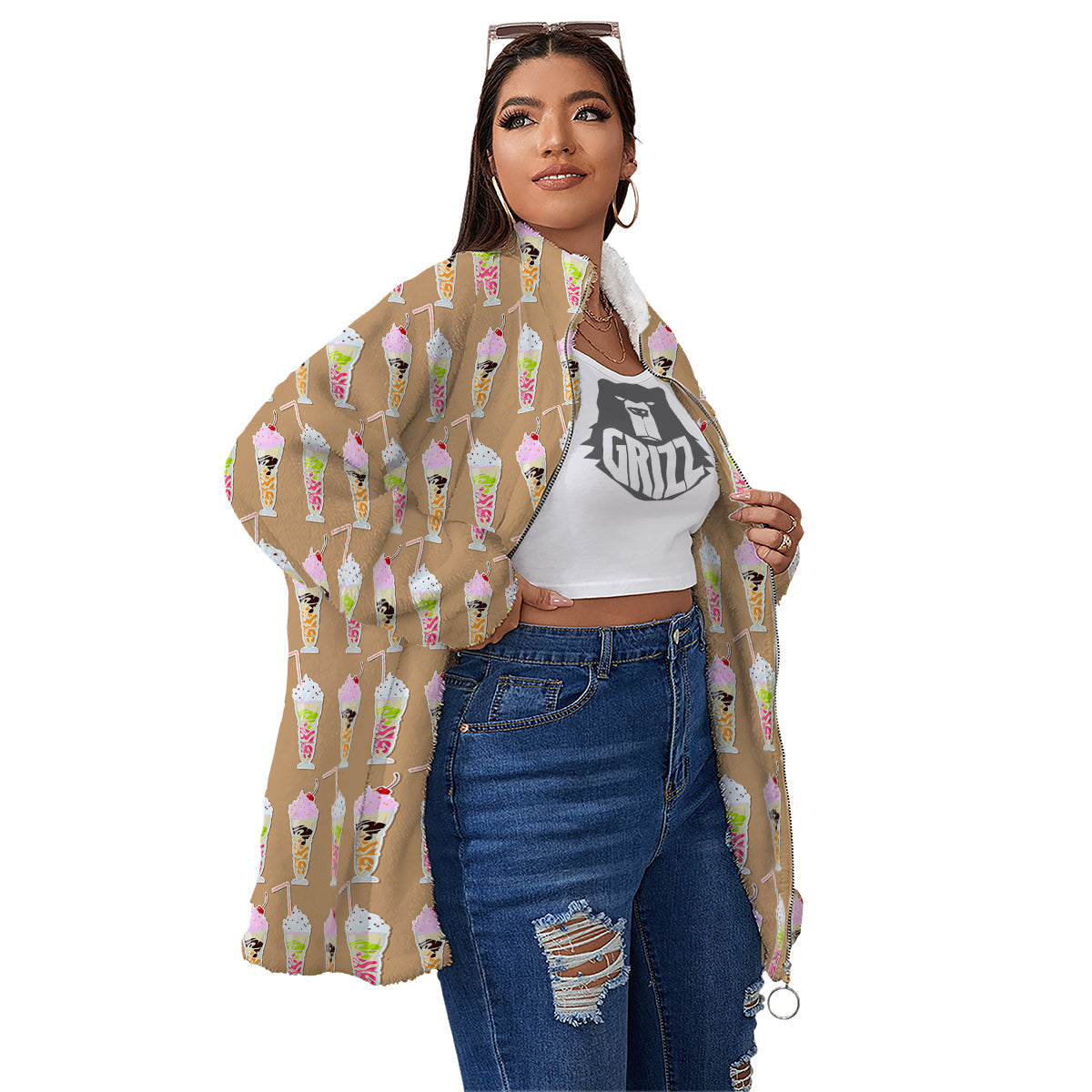 Brown Milkshake Print Pattern Women's Sherpa Jacket-grizzshop