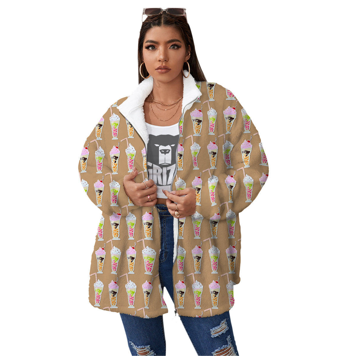 Brown Milkshake Print Pattern Women's Sherpa Jacket-grizzshop
