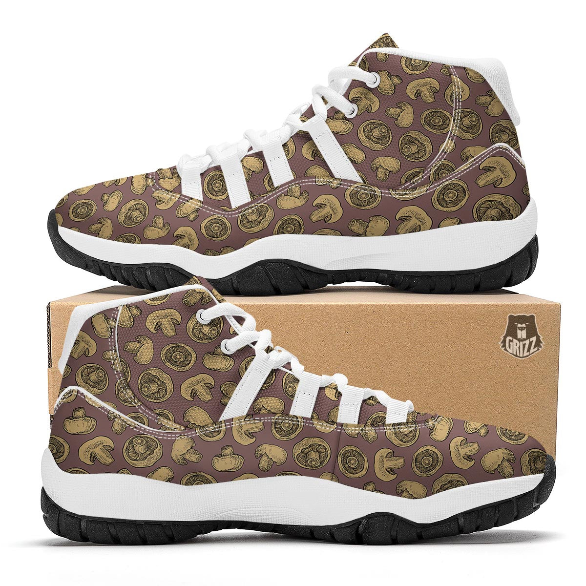 Brown Mushroom Pattern Print White Bball Shoes-grizzshop