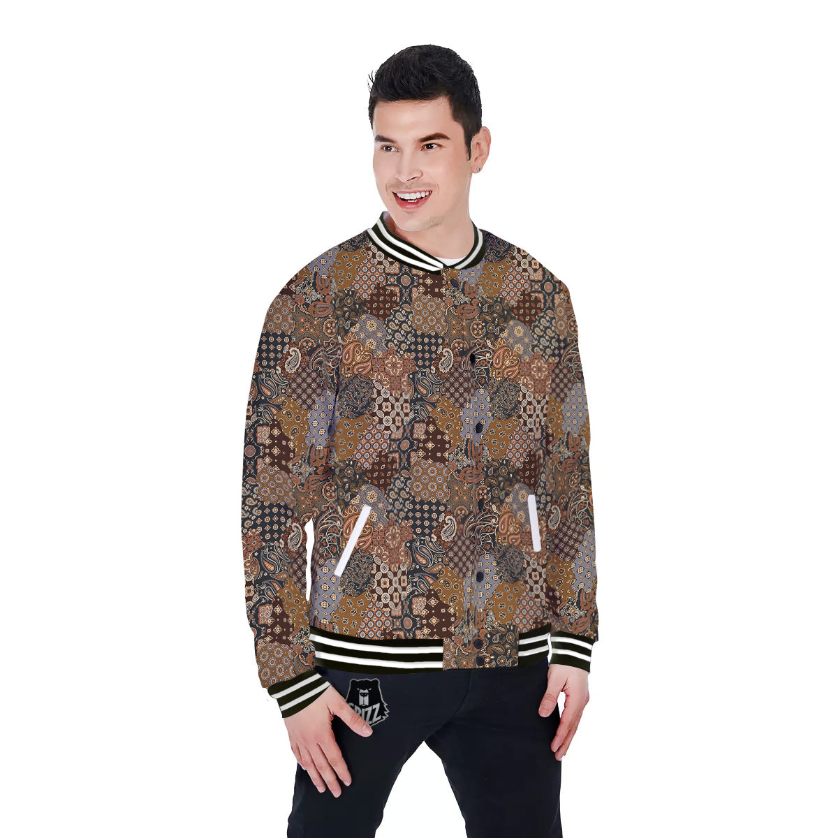 Brown Patchwork Paisley Print Pattern Baseball Jacket-grizzshop